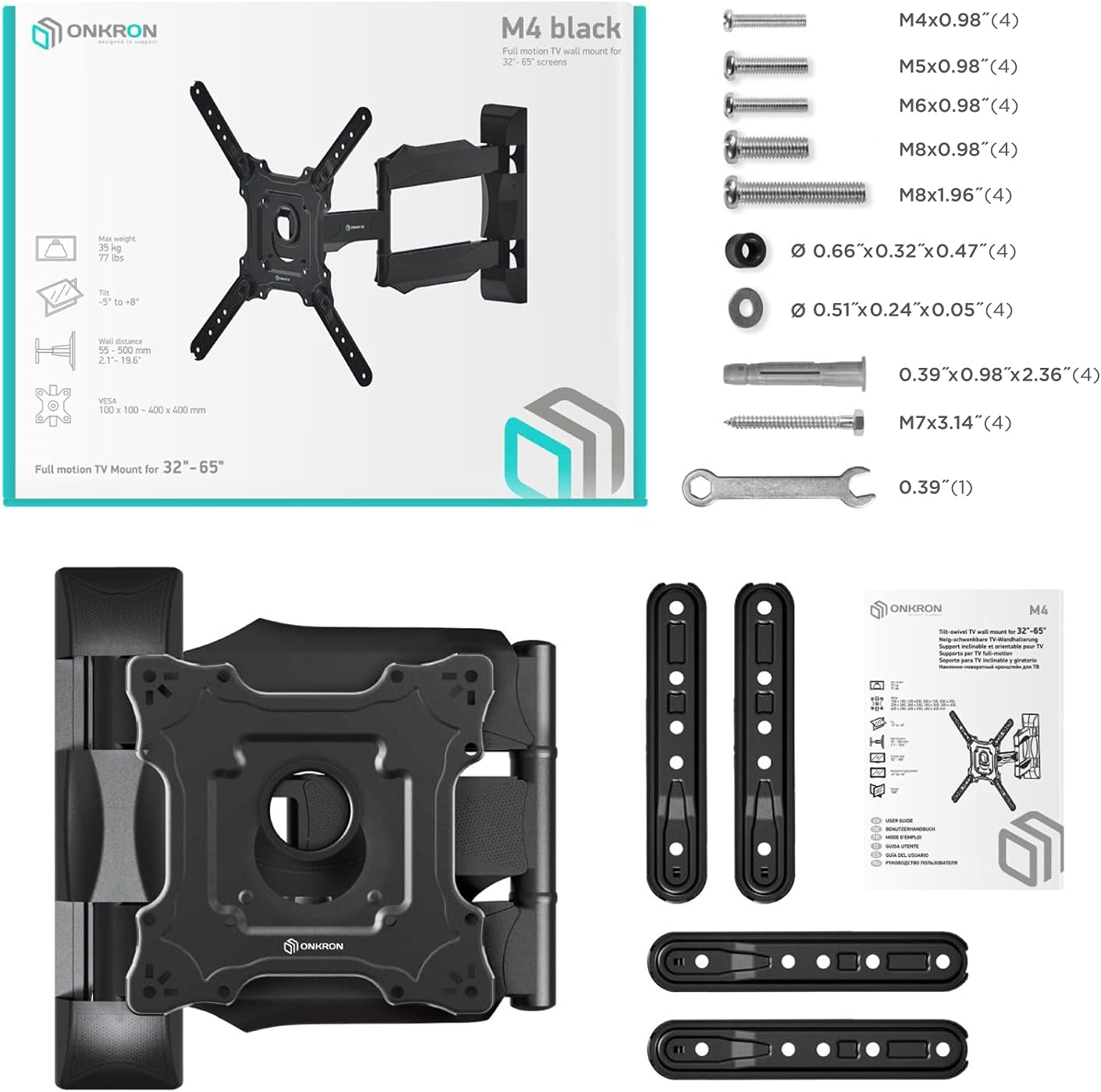 ONKRON TV Wall Mount Bracket Full Motion 32" – 55 Inch LCD LED OLED Flat Screens up to 77 lbs Adjustable Arm Tilt Swivel Rotation VESA up to 400 x 400 mm White M4