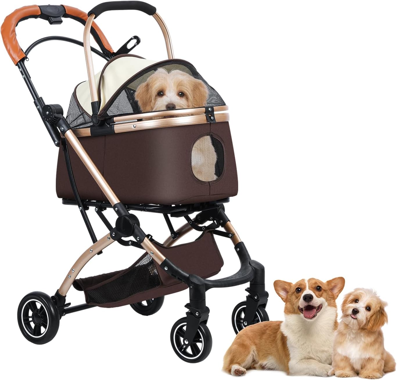 2 in 1 Pet Stroller, Pet Folding Stroller with Removable Storage Basket, 4 Casters Dog/Cat Travel Stroller, Foldable Lightweight Dog Carrier for Medium Large Pet