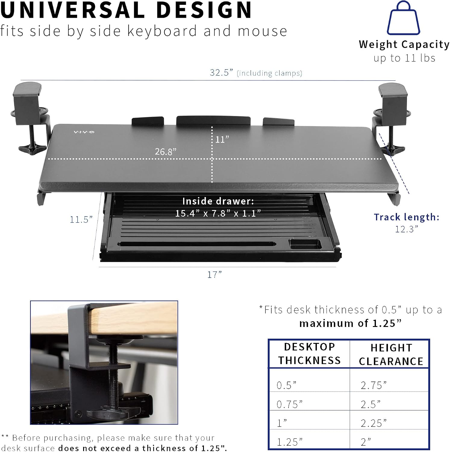 VIVO Large Keyboard Tray Under Desk Pull Out Platform with Pencil Drawer, Extra Sturdy C Clamp Mount, 27 (33 Including Clamps) x 11 inch Slide-Out Tray with Storage Drawer, Black, MOUNT-KB05-4D