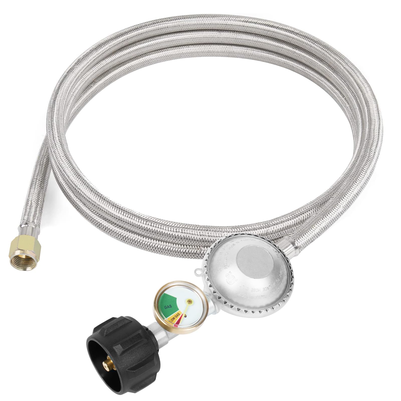 SHINESTAR 5 FT Propane Regulator and Hose with Gauge, Fit for Propane Patio Heater, Fire Pit, Weber Grill and More, Stainless Braided