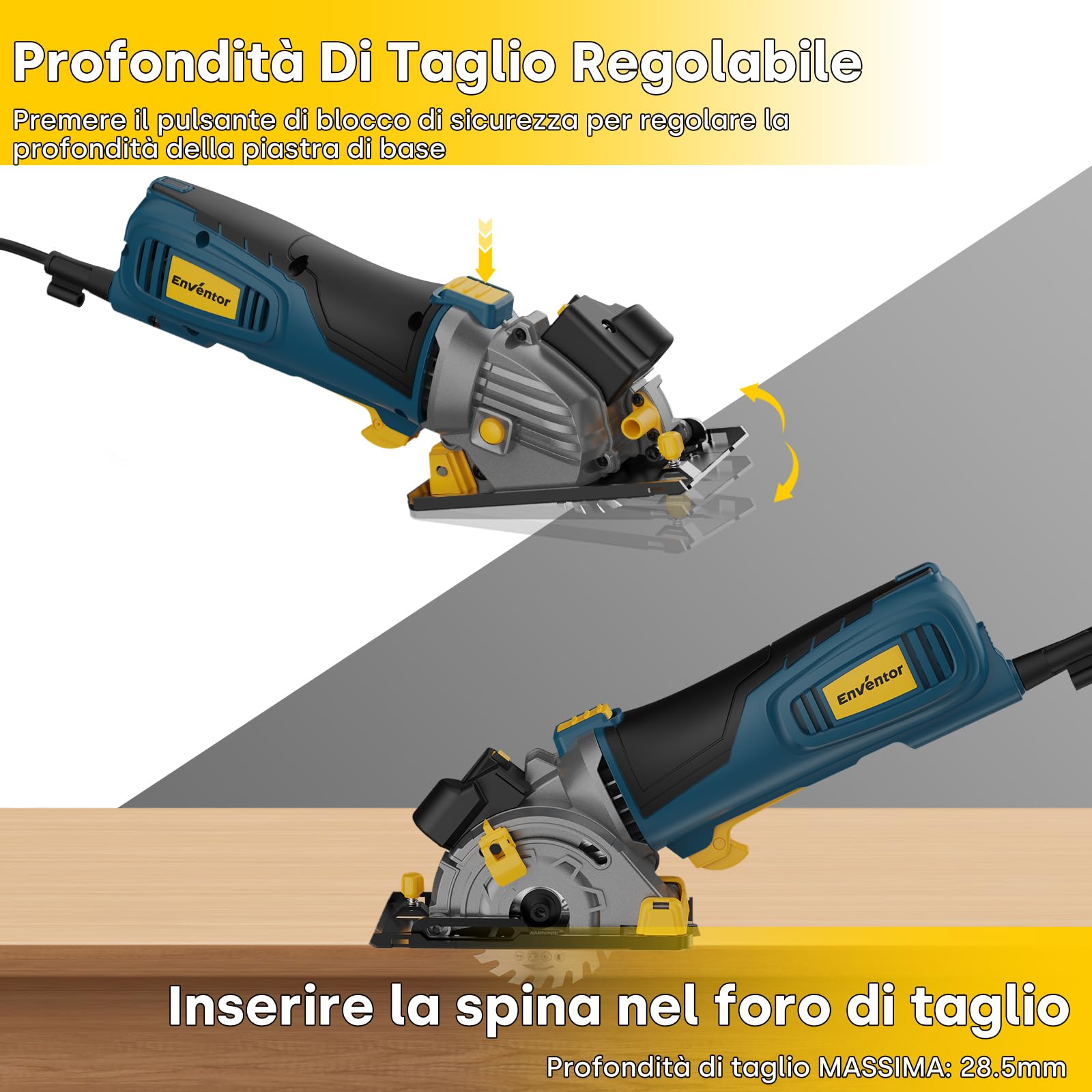 Enventor Mini Sega Circolare con laser, 600W, 5500RPM, funzionamento con una sola mano, 3 Lame (89mm), per legno, piastrelle, plastica e metallo sottile