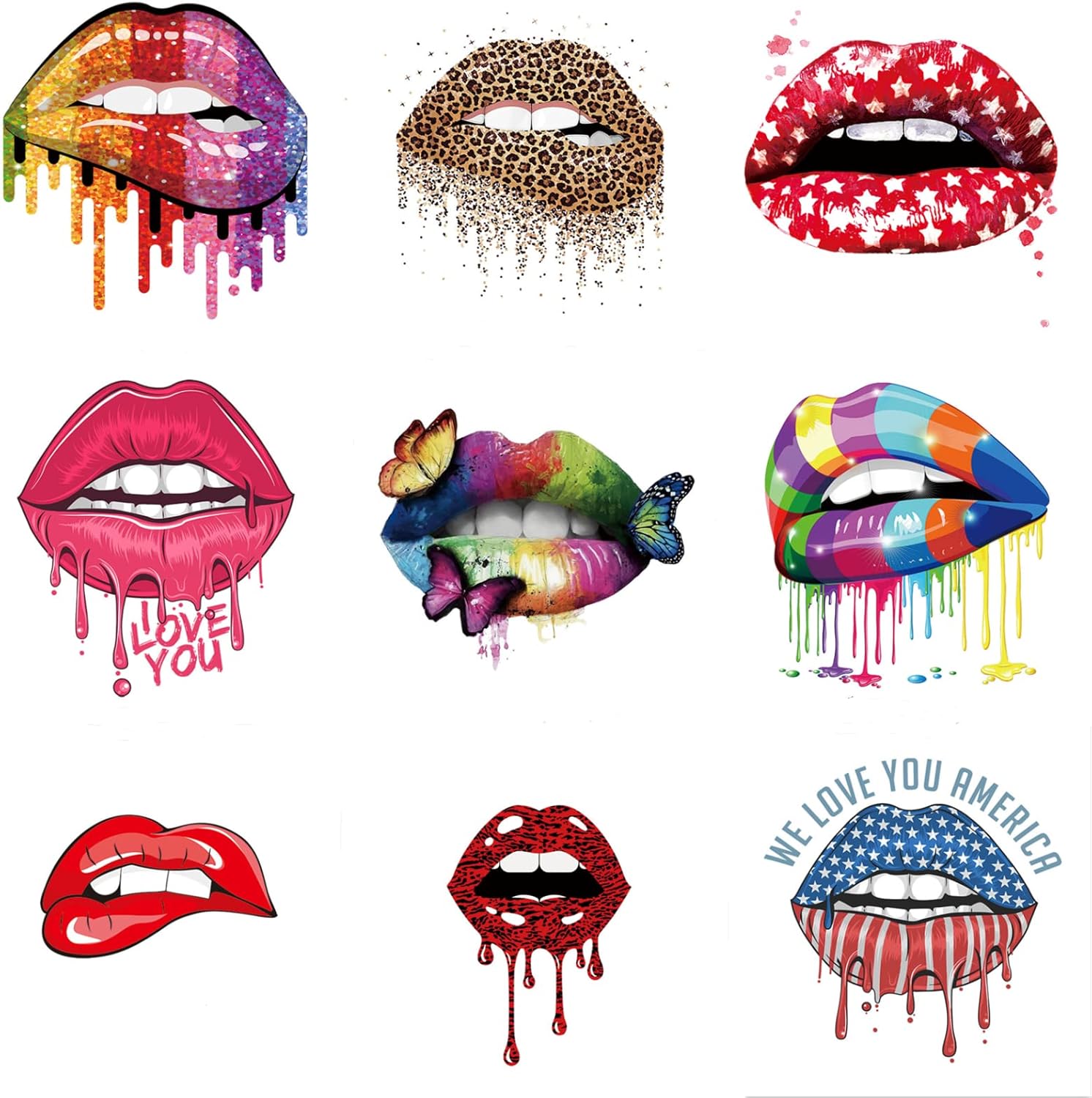 Pack of 9 Lip Iron Patches, Lip Patch Applique Garment T