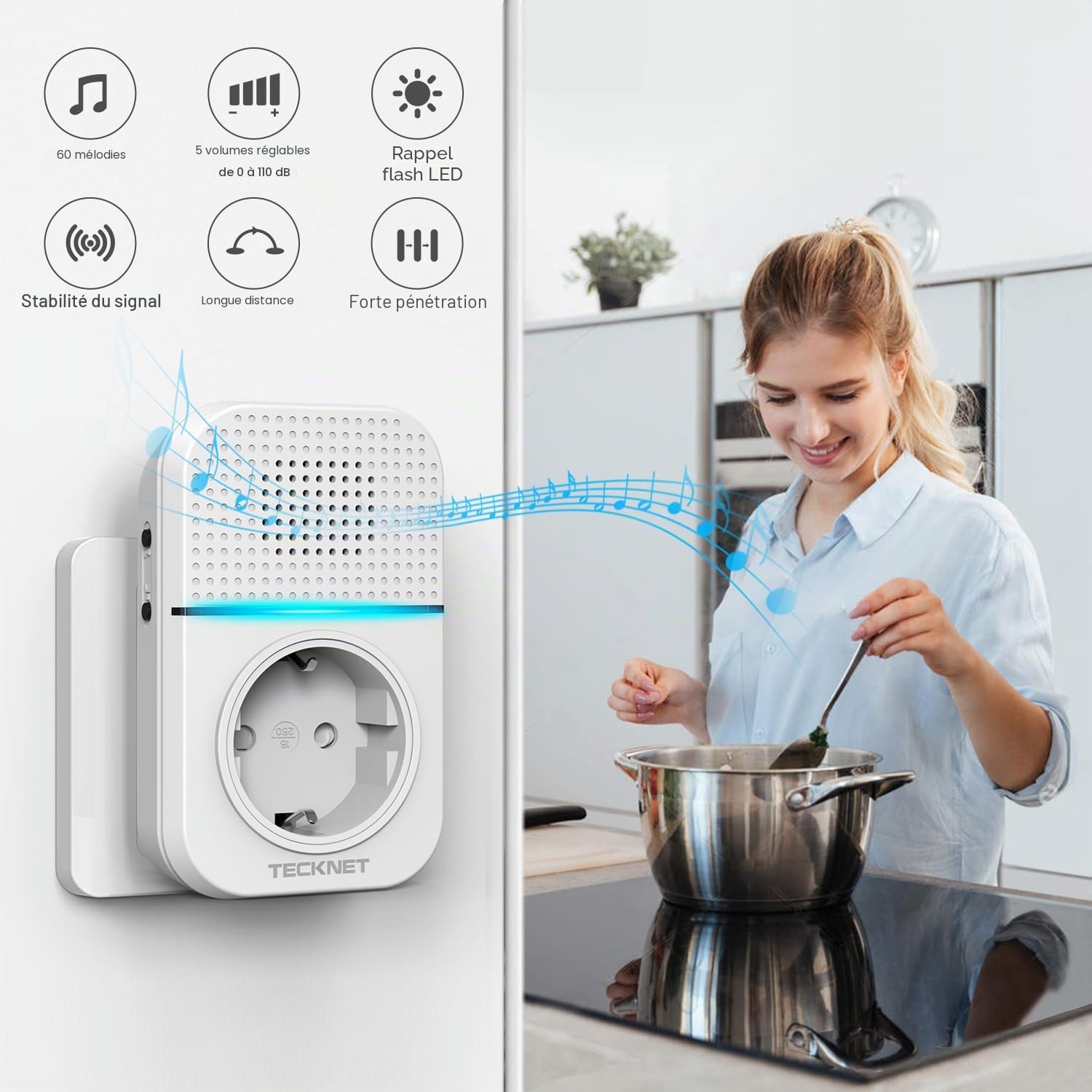 Sonnette Sans Fil, TECKNET 400m Sonnette de Porte IP65 Étanche Carillon Electronique, Sonnette de Porte avec Fonction de Charge et Lumière LED, 60 Mélodies au 5 Niveaux Volumes