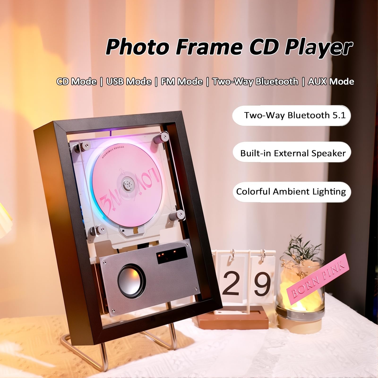 Lettore CD montabile a parete con Bluetooth, USB, uscita AUX, telecomando, altoparlanti e illuminazione a LED per la decorazione domestica