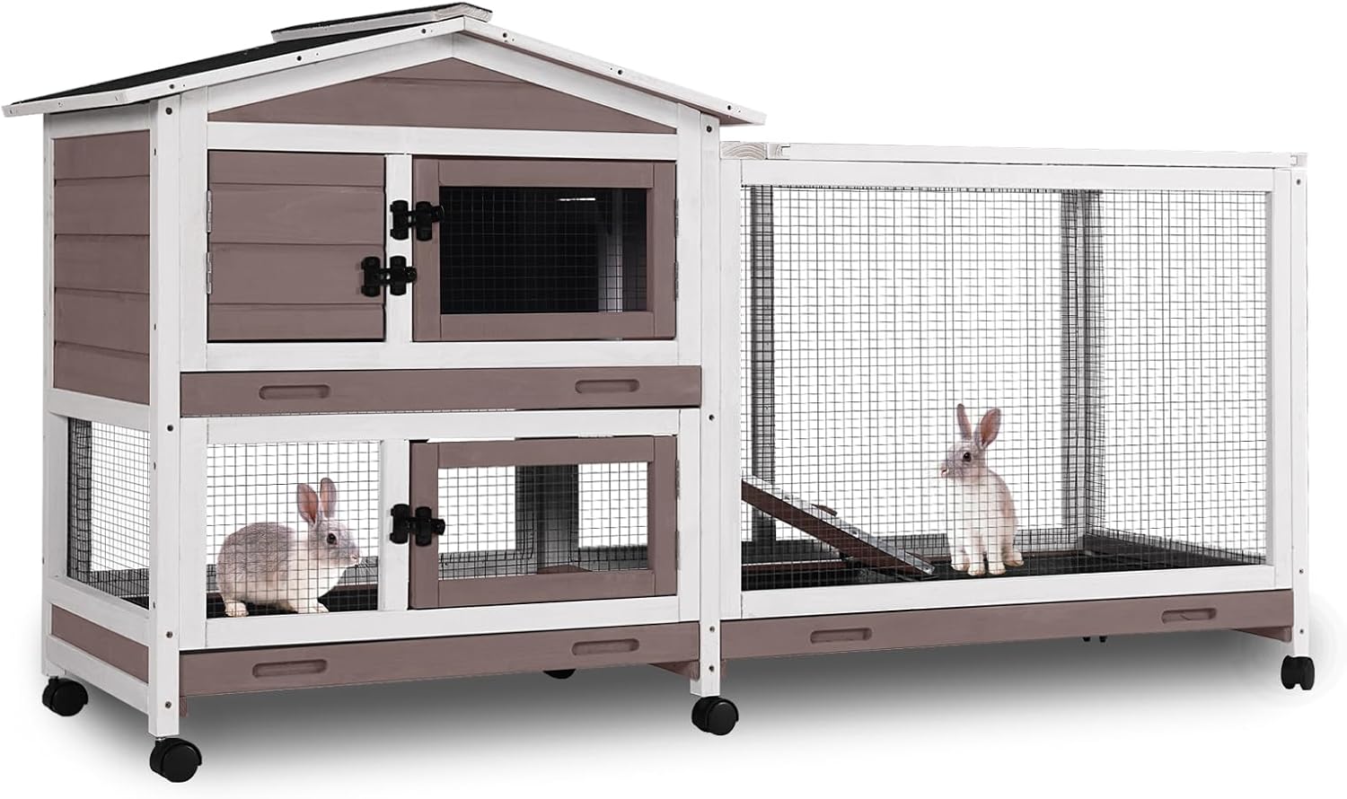 Aivituvin Rabbit Hutch Indoor 2 Story Bunny Cage Outdoor Guinea Pig Cage with Caster Wheels Chicken Coop with Run, 3 Pull Out Tray (Brown&White)