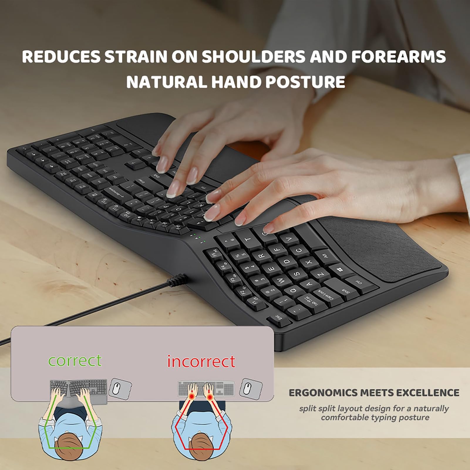 Digitazione Comfort Tastiera Split Design Wired Naturale Ergonomico Full-size 110 Tasti Universale Plug-play Supporto Polso Ufficio Nero