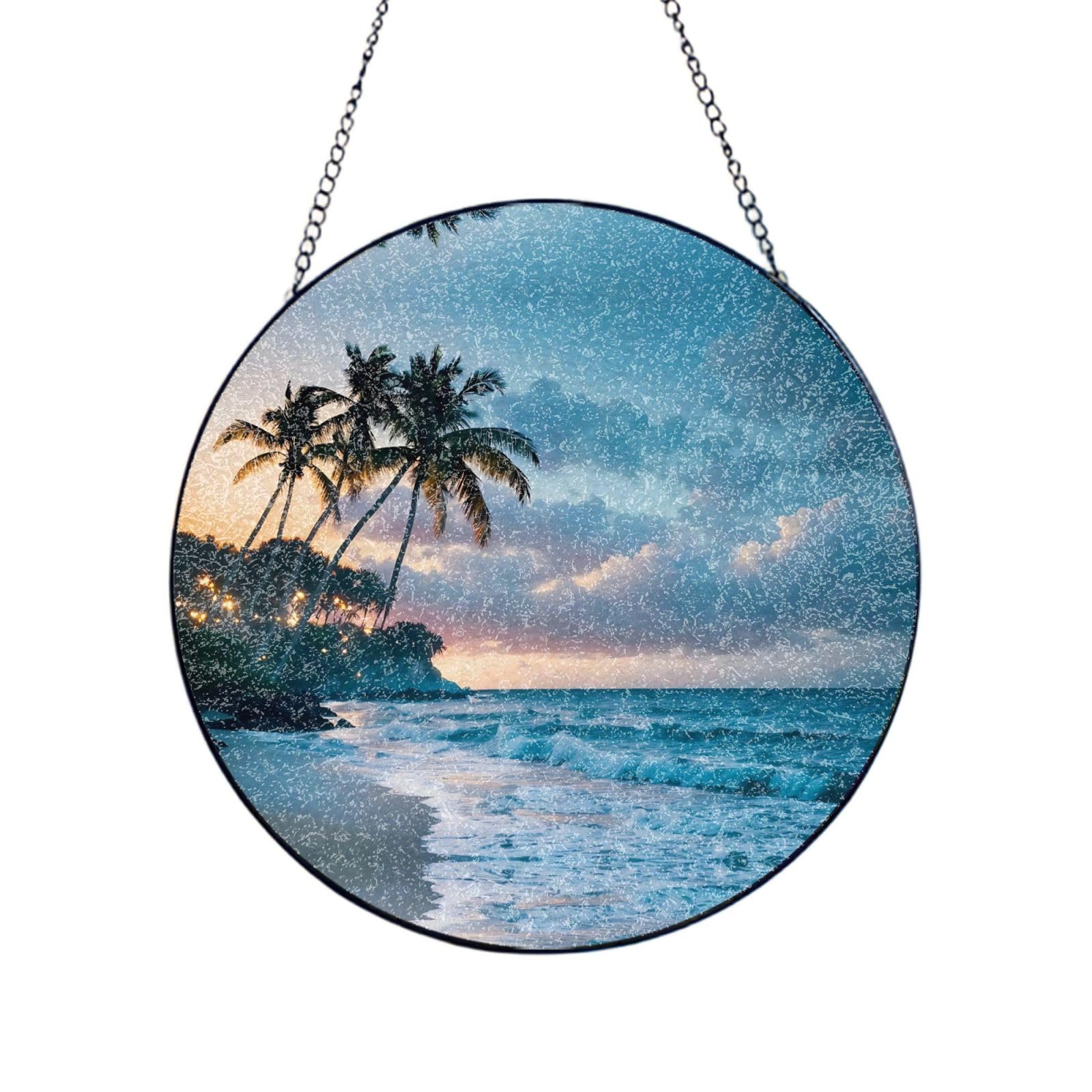 Poezjzw Stained Glass Window Hanging - Seaside At Dusk Sun Catcher For Door Garden Home Decor Christmas Mother'S Day Birthday Gifts 10in（25cm）