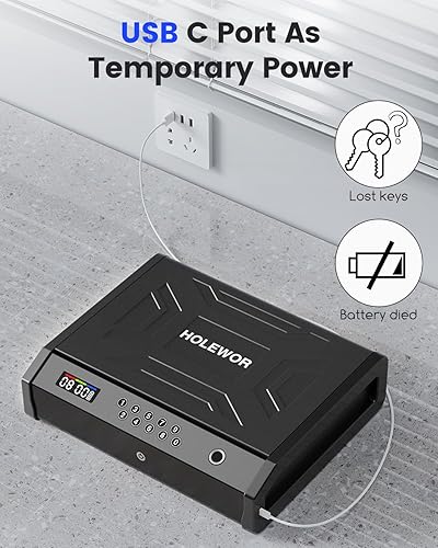 Miniatura 4 de HOLEWOR Caja fuerte para armas, caja fuerte biométrica para pistola con pantalla LCD de batería de tiempo, segura para pistola de huellas