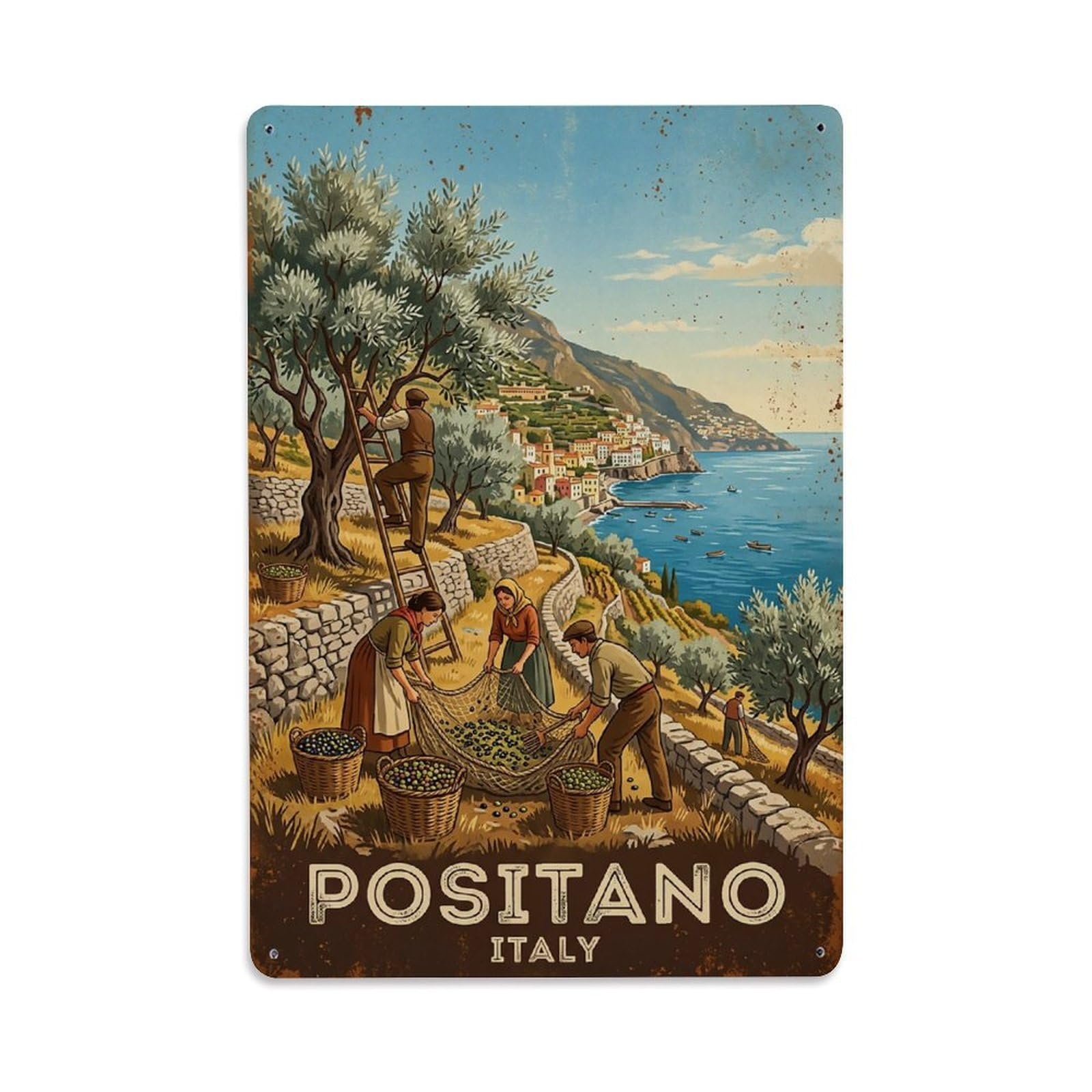 Huiyhb 8X12inch(20X30cm) Vintage Travel Positano Italy Olive Harvest Terraces Metal Tin Sign