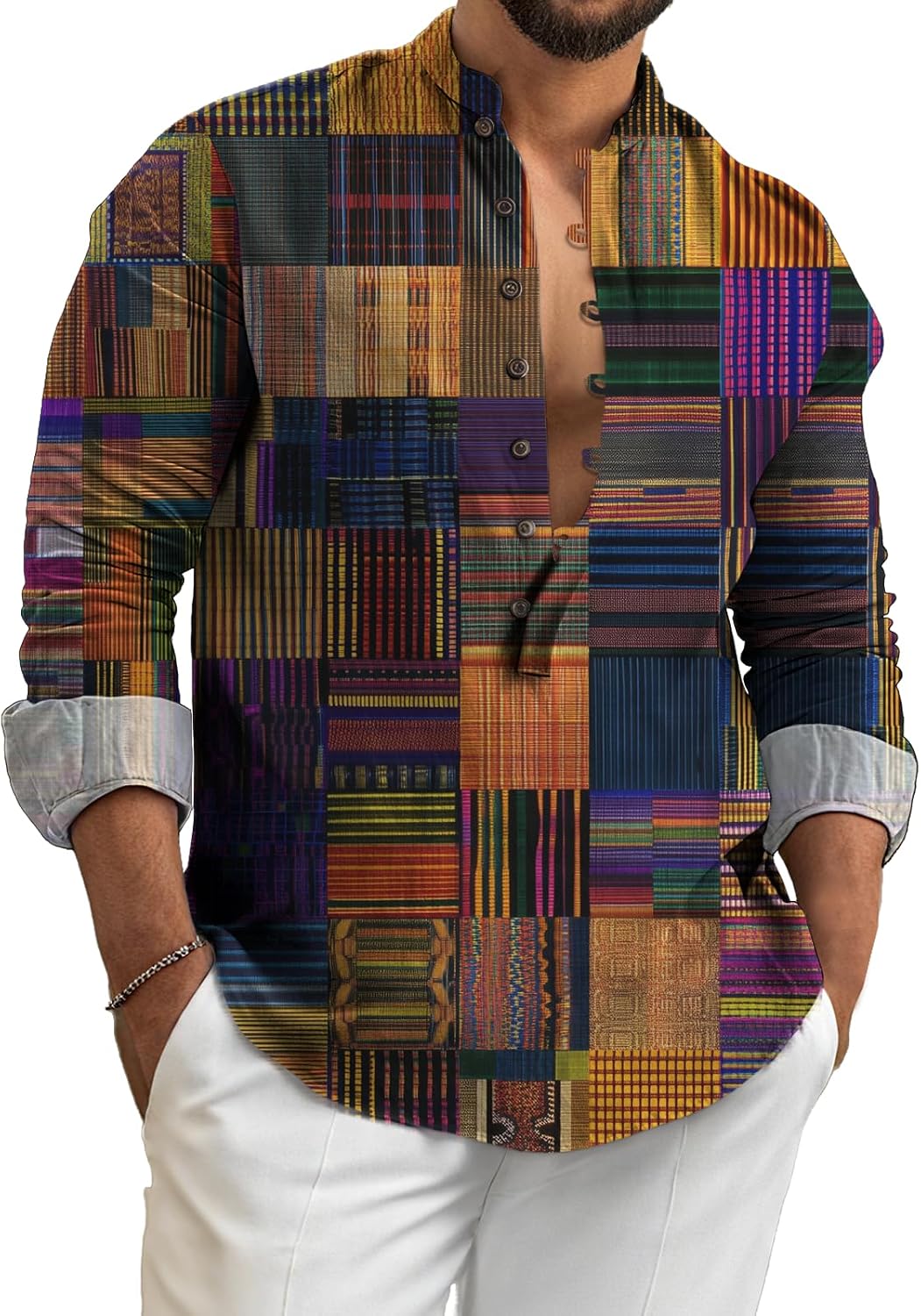 Long Sleeve Tops for Men Causal Loose Fit Button Collar Blouses Art Print Shirt