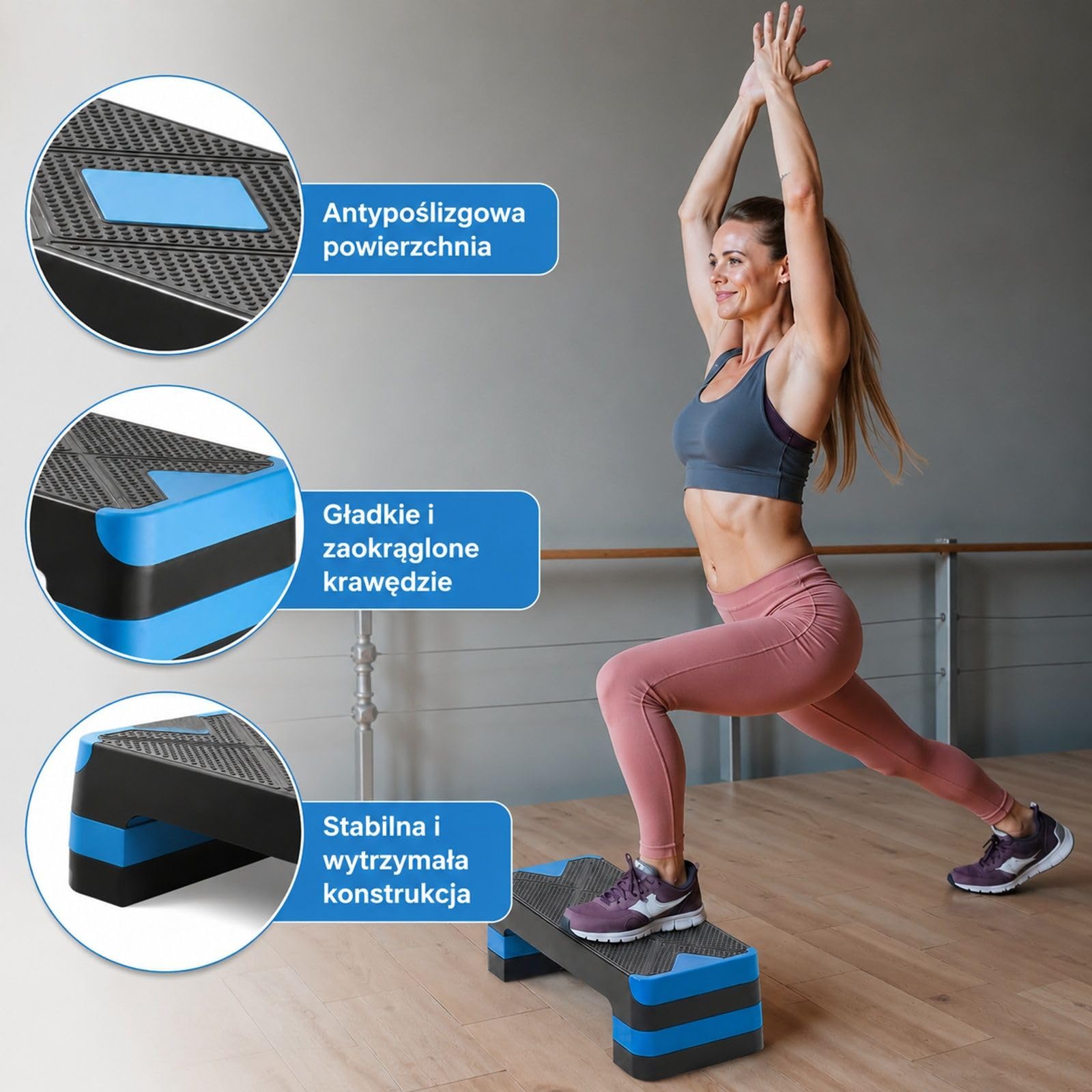 Regulowany step do aerobiku z PP, niebiesko-czarny podest do ćwiczeń w domu, cardio i treningu siłowego