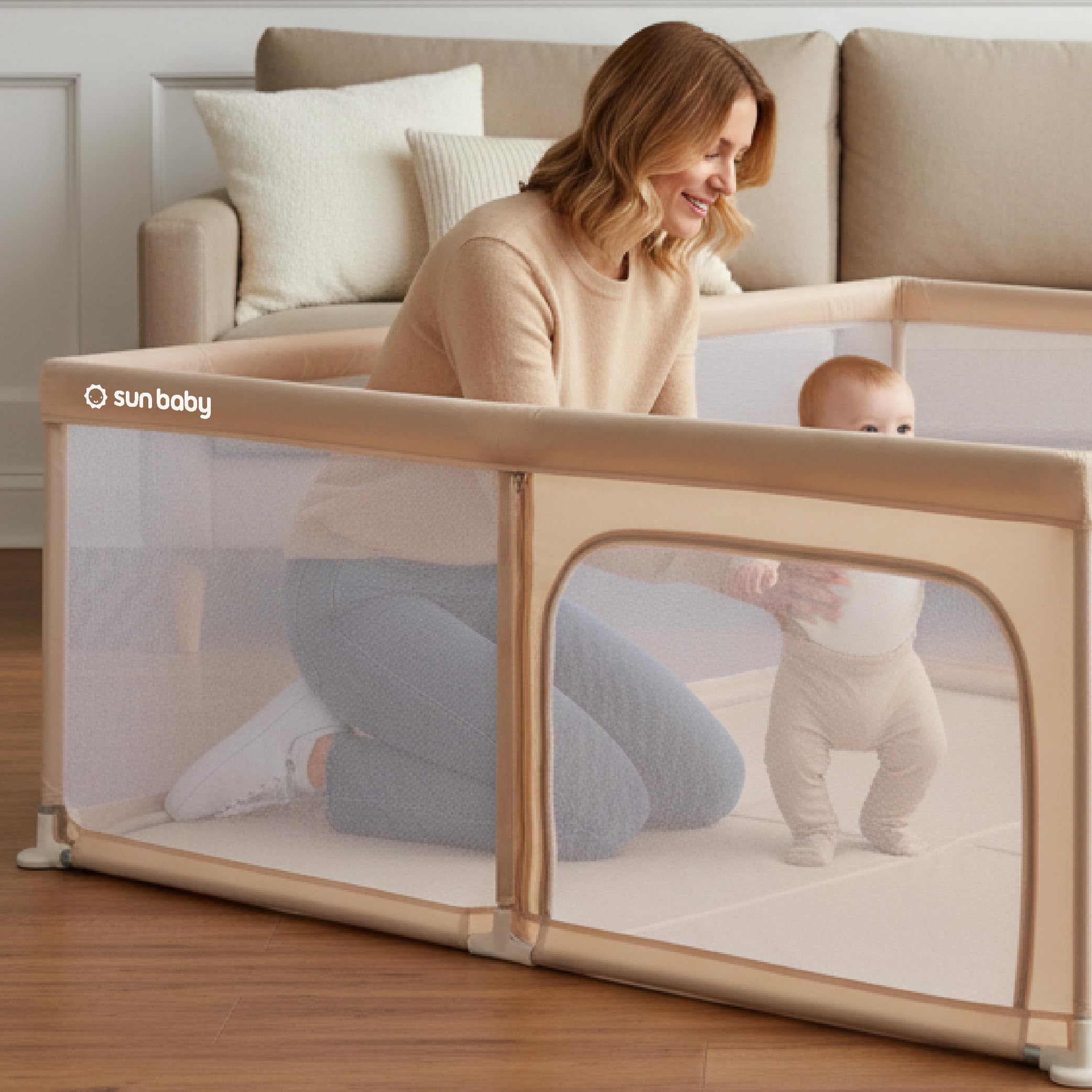 sun baby Parc Enfant 150x200 cm 0-2 ans Beige, polyester, parois en filet, entrée zippée, pieds antidérapants, sac de transport inclus, cadre en métal