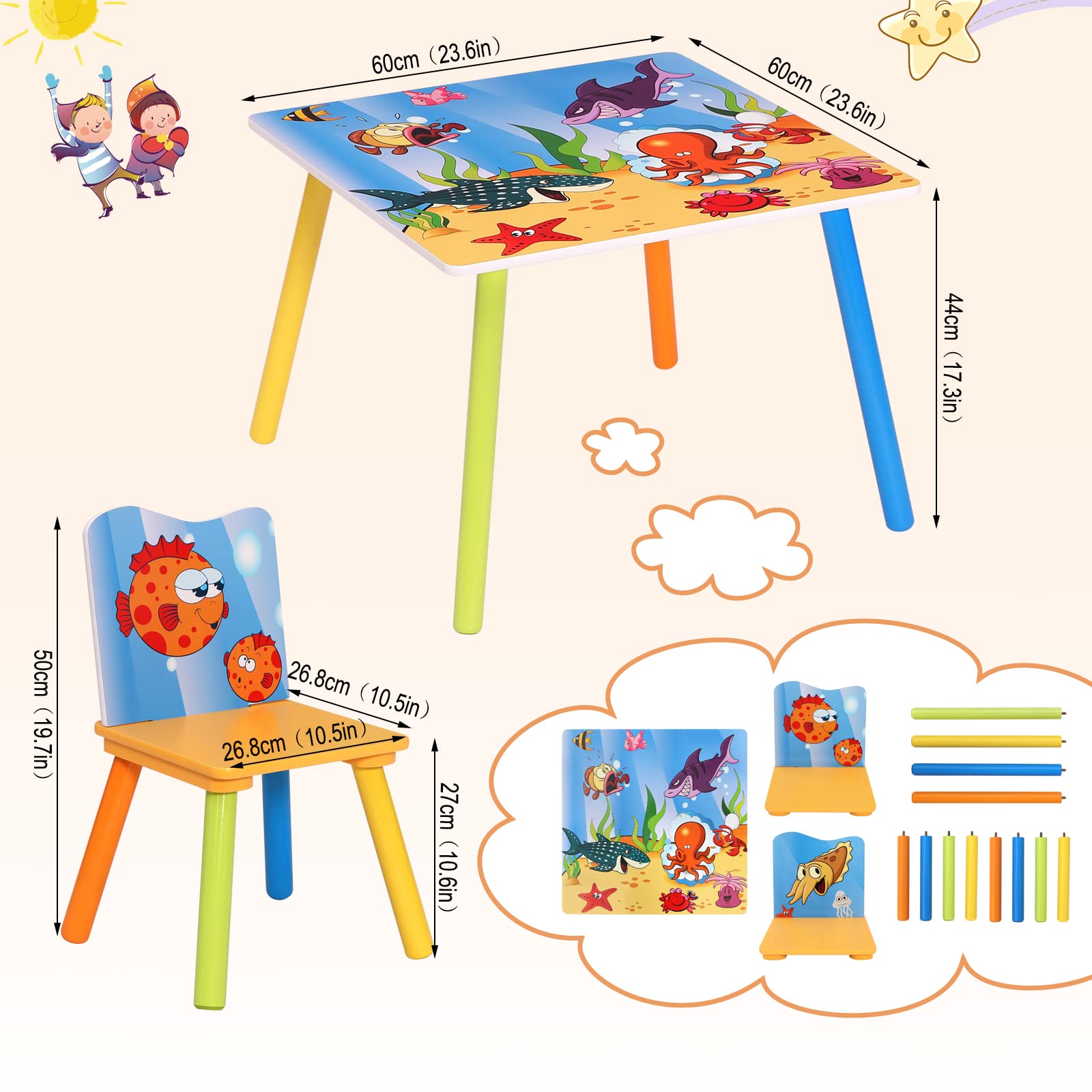 WOLTU Kindertisch mit 2 Stühlen, Tisch und Stühle Set für Kinder, abgerundete Ecken sicher, Kindersitzgruppe mit Meer-Motiv für Vorschüler Kinderzimmer Kindergarten