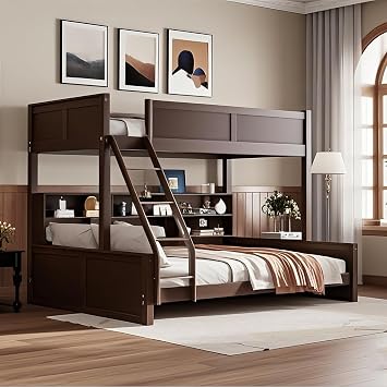 Twin XL Over Queen Bunk Bed, 6 Storage cabinets, 2 Standard Plug Outlets & 2 USB Ports,Safety for Modern Living Wood