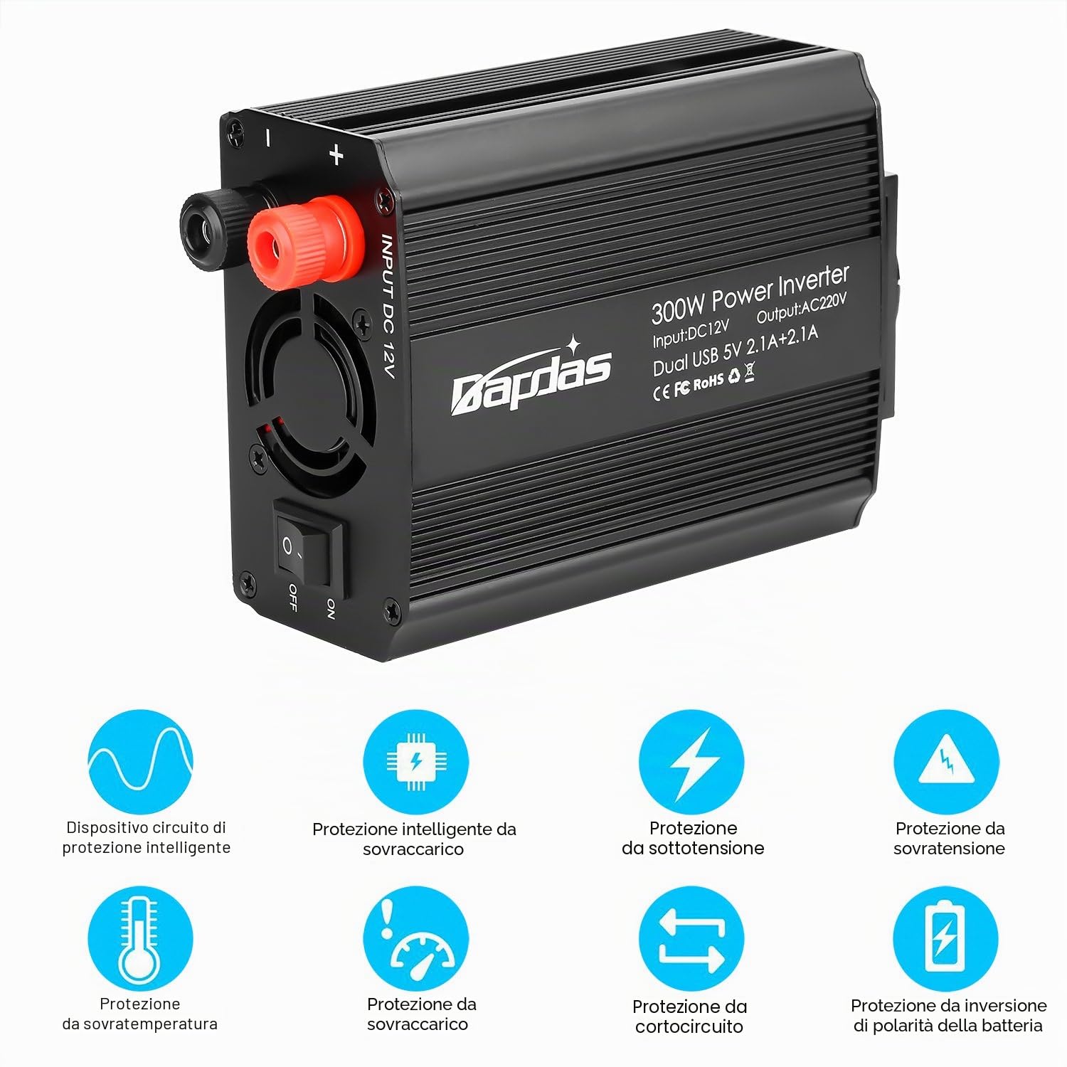 300W Power Inverter da Auto DC 12V a 220-240V AC, 2 Porte USB 4.2A