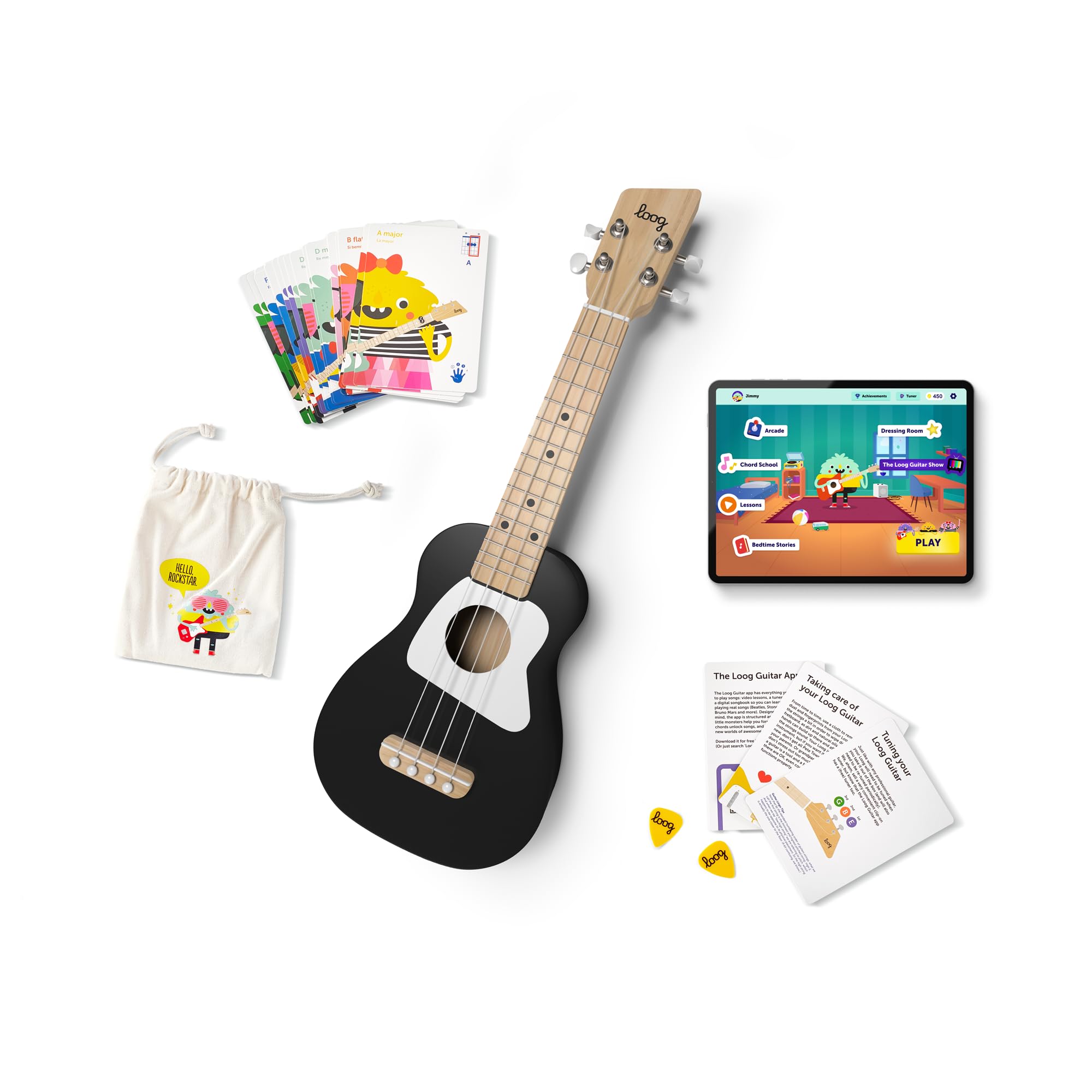 Loog Ukelele soprano de madera para niños y principiantes, aplicación y lecciones, todas las edades (negro)