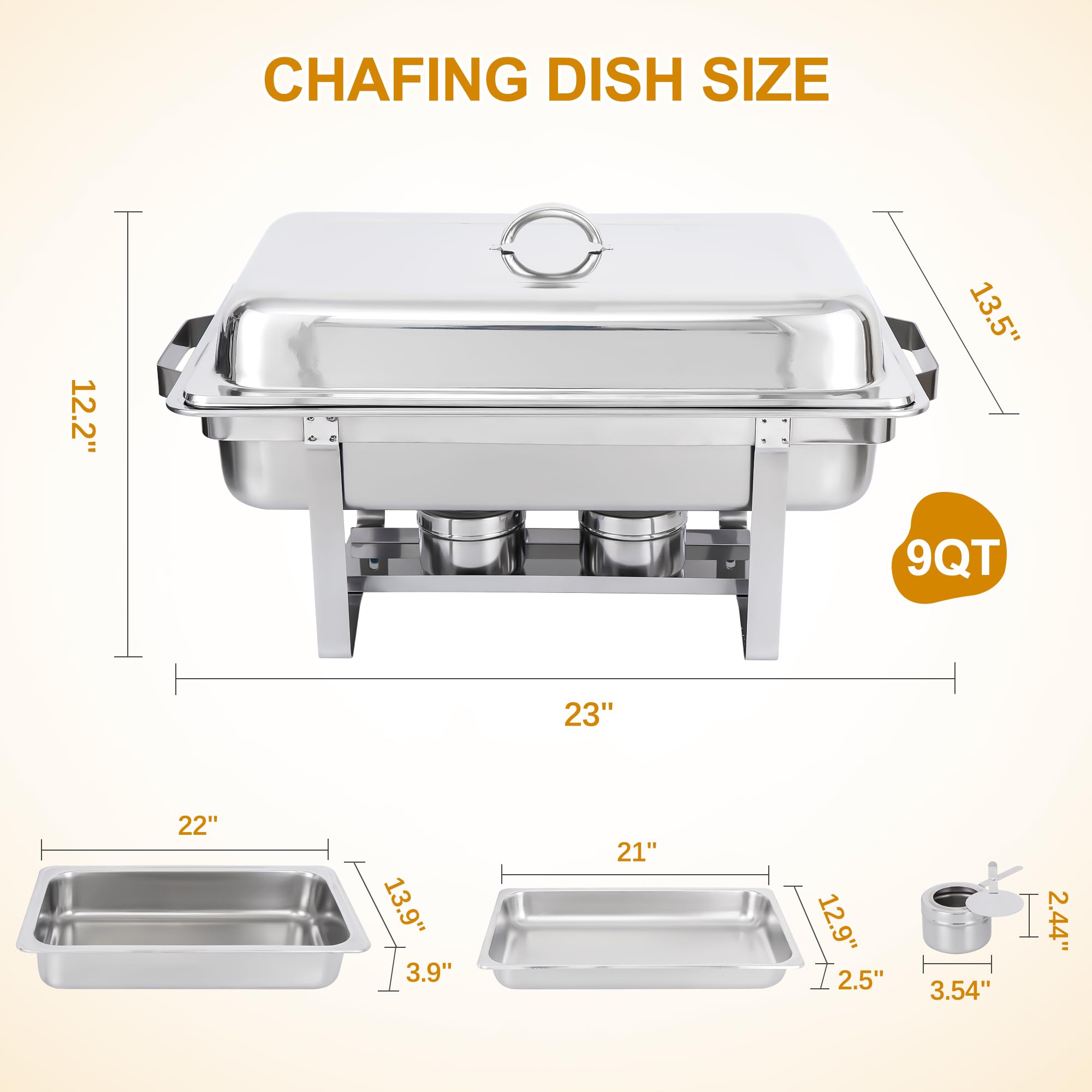 Juego completo de platos para buffet de acero inoxidable de 9 cuartos de galón, calentador de catering con bandeja de agua, soporte de combustible para fiestas, cenas, catering, bufé y bodas, 8