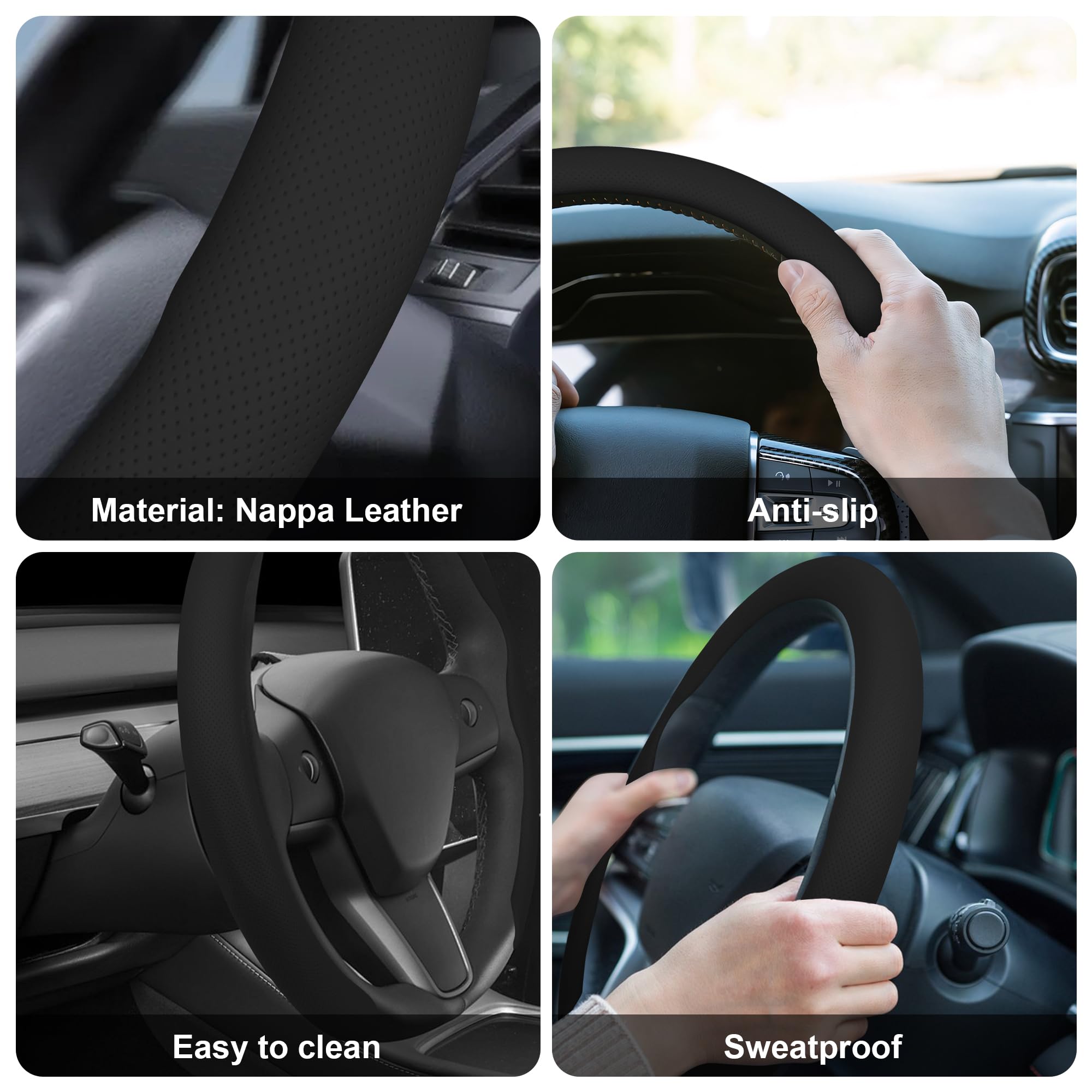 Frani Coprivolante in pelle nappa, universale, 38,1 cm, antiscivolo, traspirante, comoda impugnatura per auto, camion, SUV, antiscivolo, resistente, colore nero