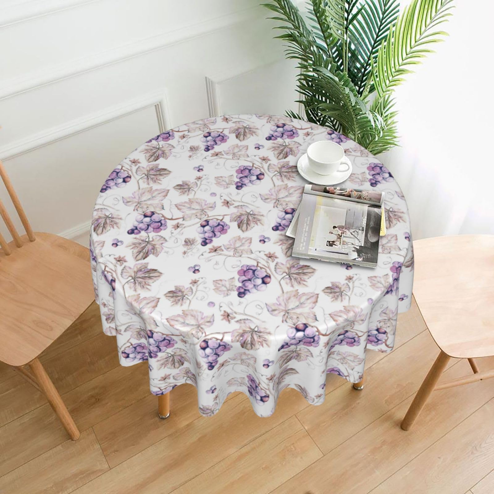 Nbtghga Beautiful Grape Leaves Print Tablecloth Round Border Table Cloth Cover Decorative For Party Holiday Dinning Tabletop Home