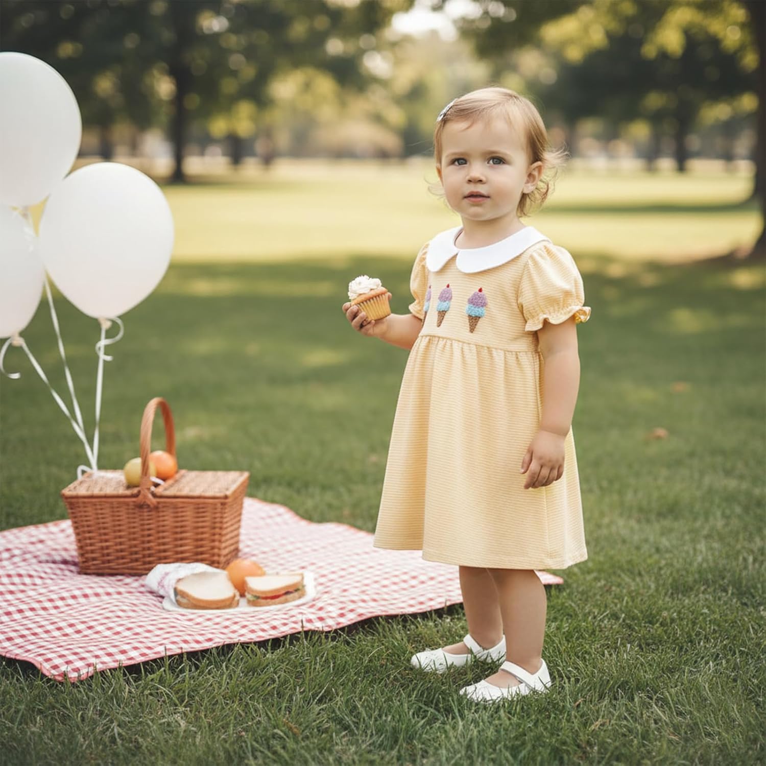 Little Kids Toddler Baby Girl Summer Clothes Puff Sleeve Doll Collar Dress Ice Cream Embroidery Stripe Dresses Playwear - Image 2