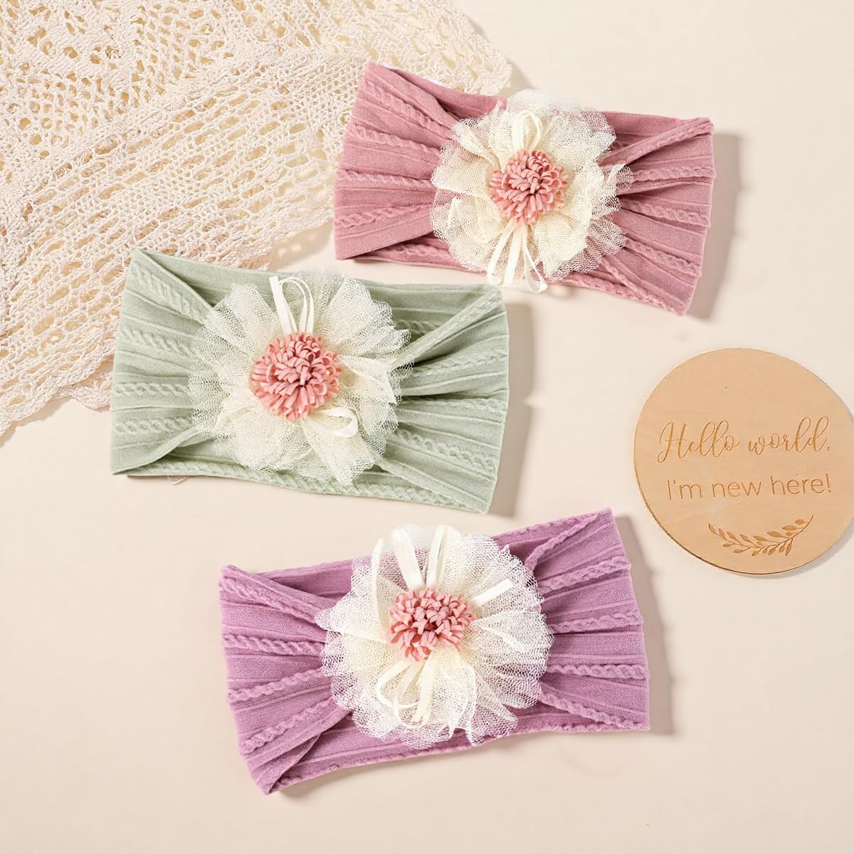 SNOWIE SOFT 3Pcs Baby Girl Hair Bands 0-24M, 3-Color Nylon Stretchy 2