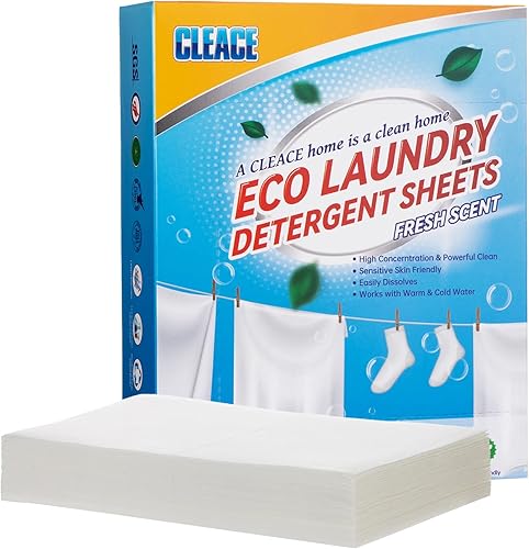 CLEACE Hojas de detergente para ropa (60 cargas) 30 hojas, aroma fresco, tiras de lavado biodegradables ecológicas para lavar a mano y piel sensible