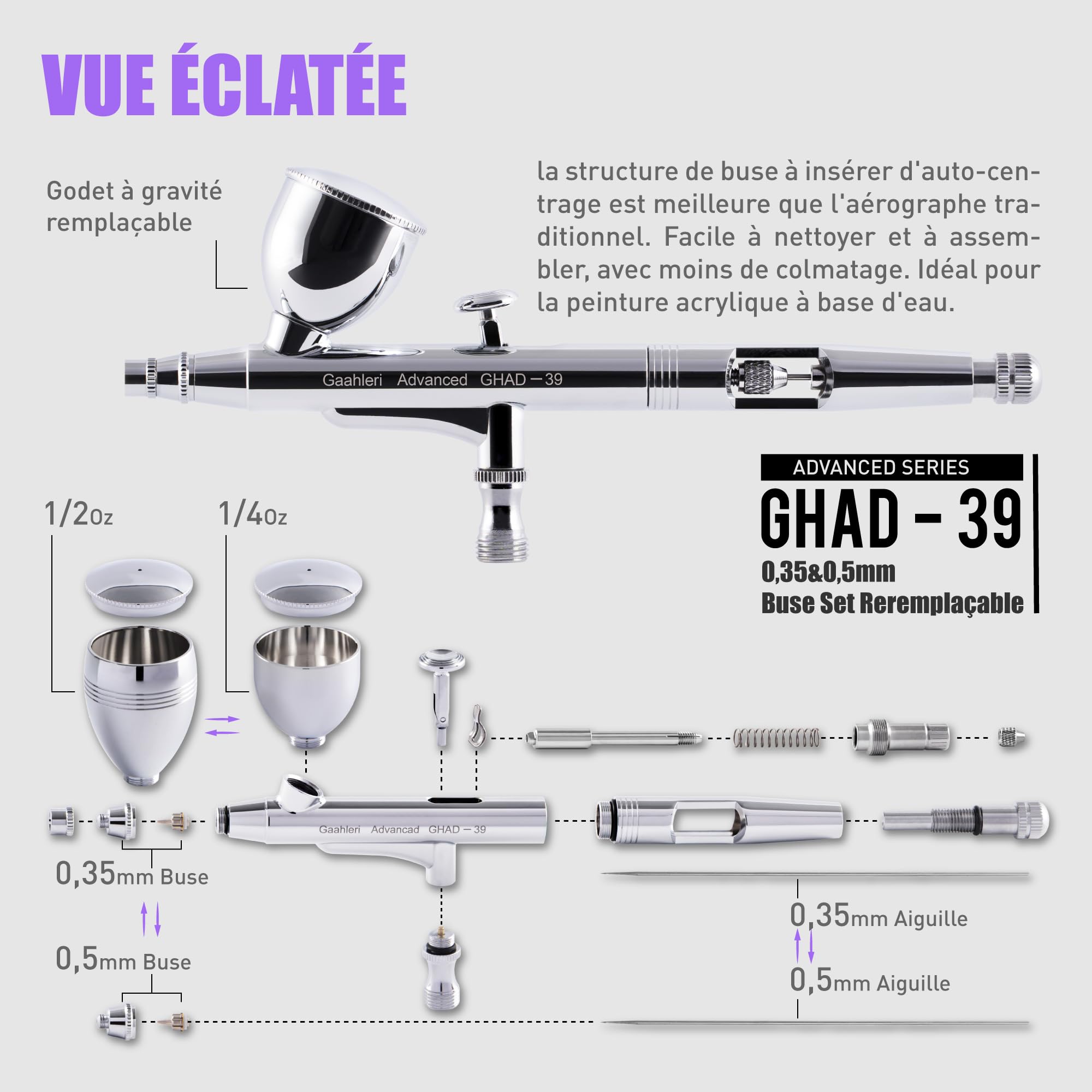 Gaahleri Aérographe, Kit d'aérographe avec Déclencheur double, Godet à gravité 1/2 et 1/4, Aiguille 0.35mm & 0.5mm, Séries Advanced GHAD-39