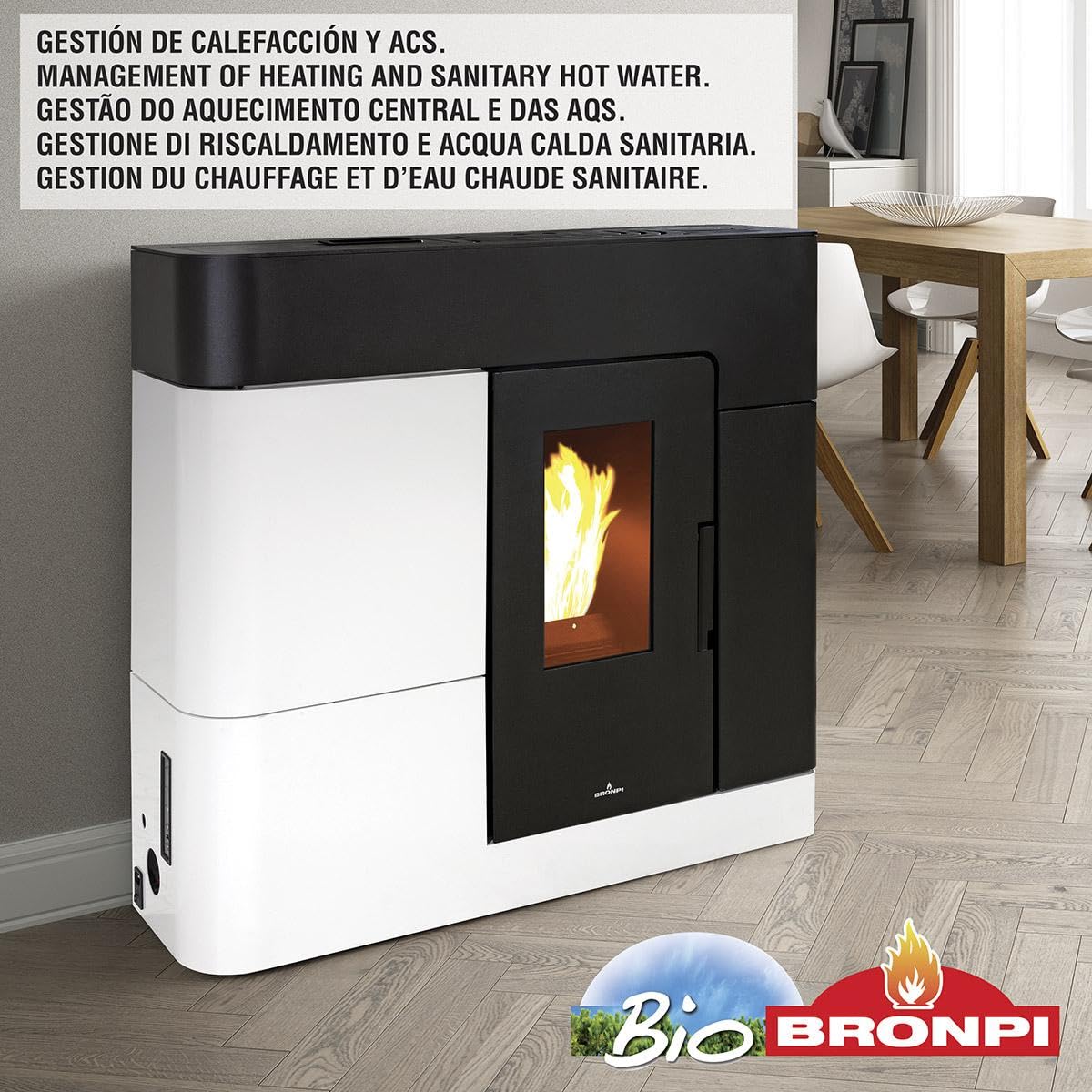 Maestro Ferretero - Estufa de Pellet Extraplana Hydro Negro Y Blanco de 18 kW, 61419 BTU, Ventilación Directa, Alta Eficiencia, Montaje en Piso, Hierro Fundido y Acero Inoxidable
