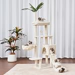 Heybly Arbre de chat, 65.4 Tour de chat pouces pour les chats d'intérieur, Condo Cat avec perches, Panier, Feuille, Bol d'alimentation, Meubles de chat moderne en peluche multi-niveaux avec des poteaux de Scratching, Beige HCT015M