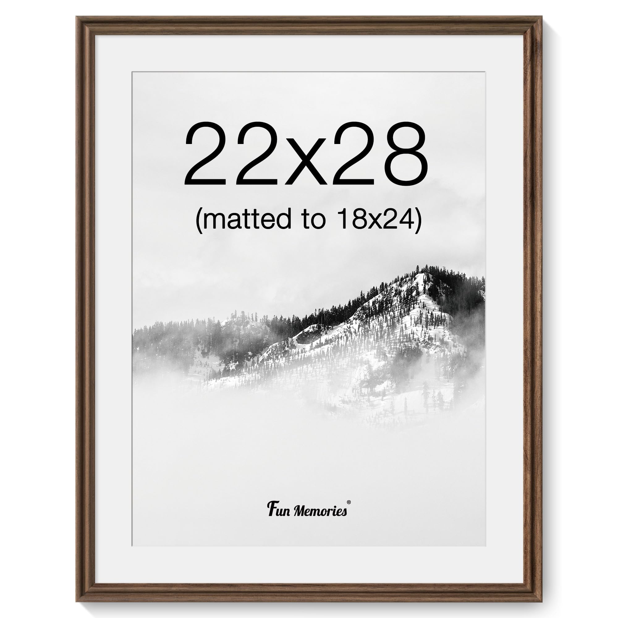 22 x 28 Poster Frame, USA-Sourced Walnut Wood Frame Wall Mounted, 22x28 Poster Frame with Real Glass, 22" x 28" Picture Frame Matted to 18x24 Photo for Vertical & Horizontal Hanging, 1 Pack