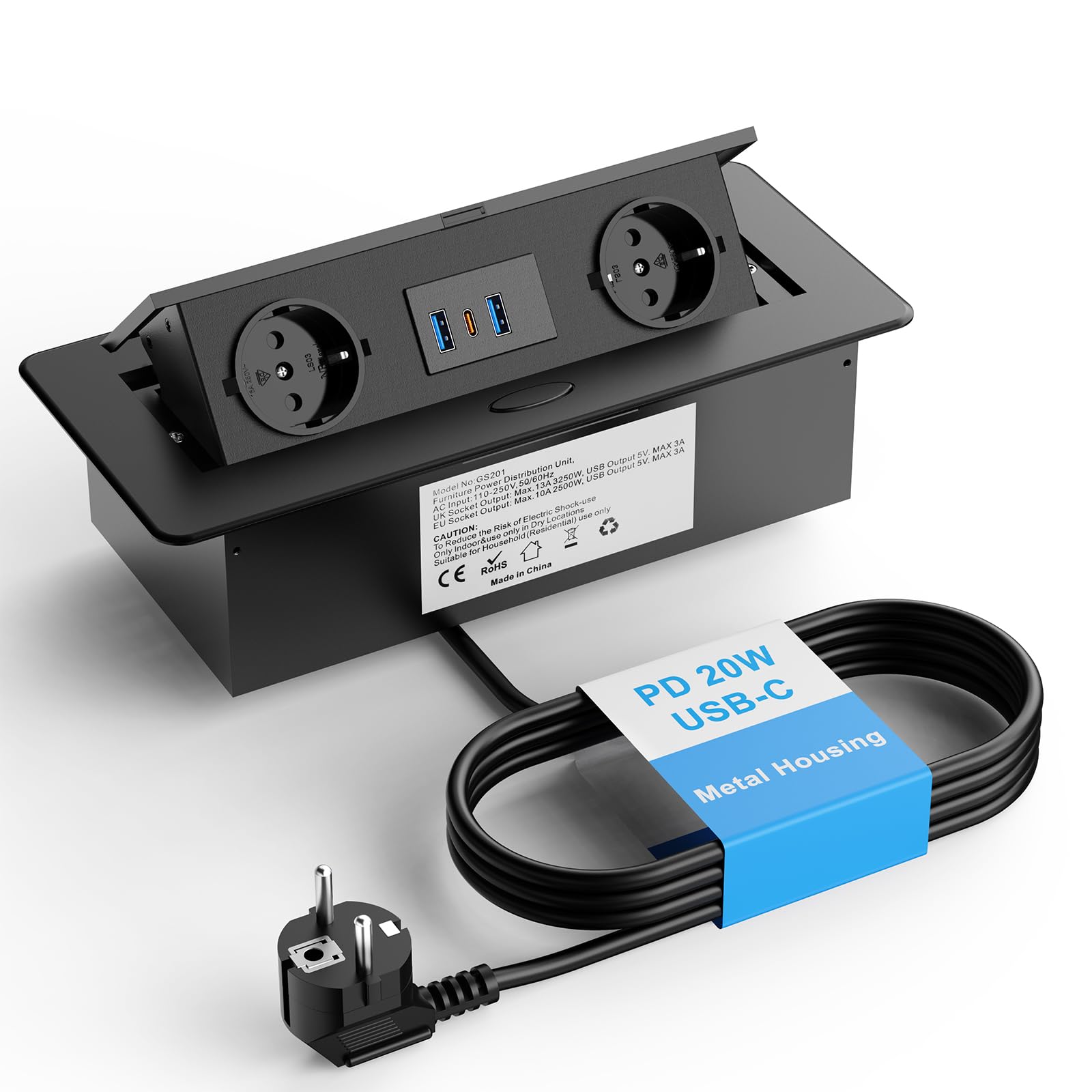 Alpheus Gniazdo wpuszczane na blat roboczy, USB-C PD 20W, 2 gniazda, czarne | Listwa zasilająca do zabudowy, 2 gniazda, USB-C PD 20 W, 2 USB-A 18W, metalowa obudowa, do biura, stołu konferencyjnego i