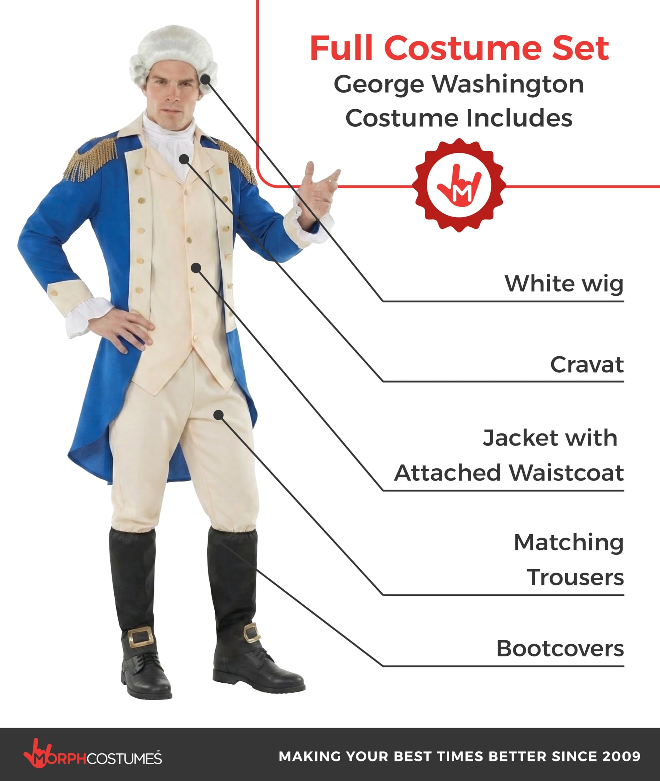 Morph George Washington Kostüm, George Kostüm, Präsident Kostüm, Karneval Kostüm Herren