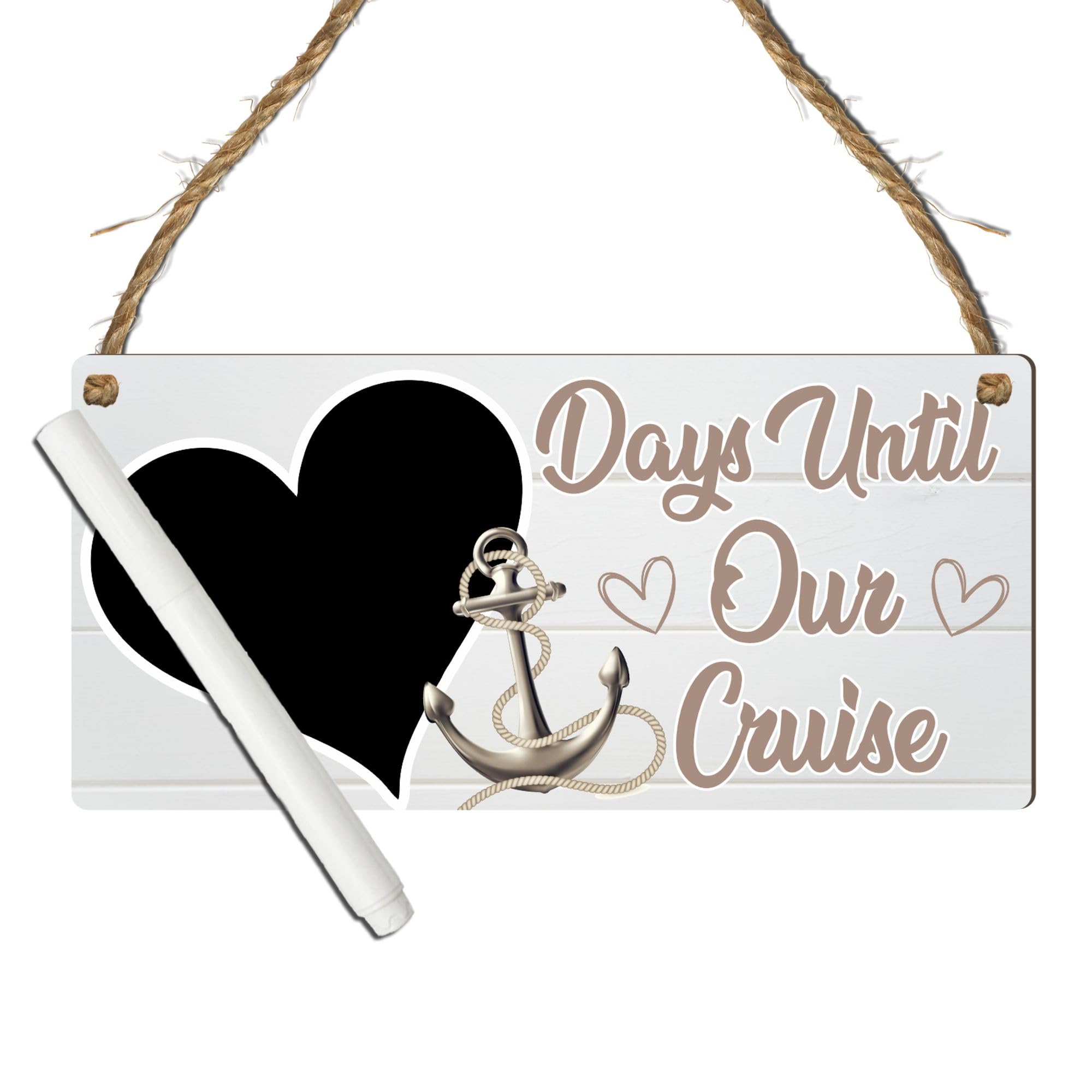 Days Until Our Cruise Countdown Sign - Fun & Stylish MDF Wooden Plaque with Heart Chalkboard for Holiday Vacation Countdown (White, With Pen, Small: 19 cm (H) × 9 cm (W)) — image 1