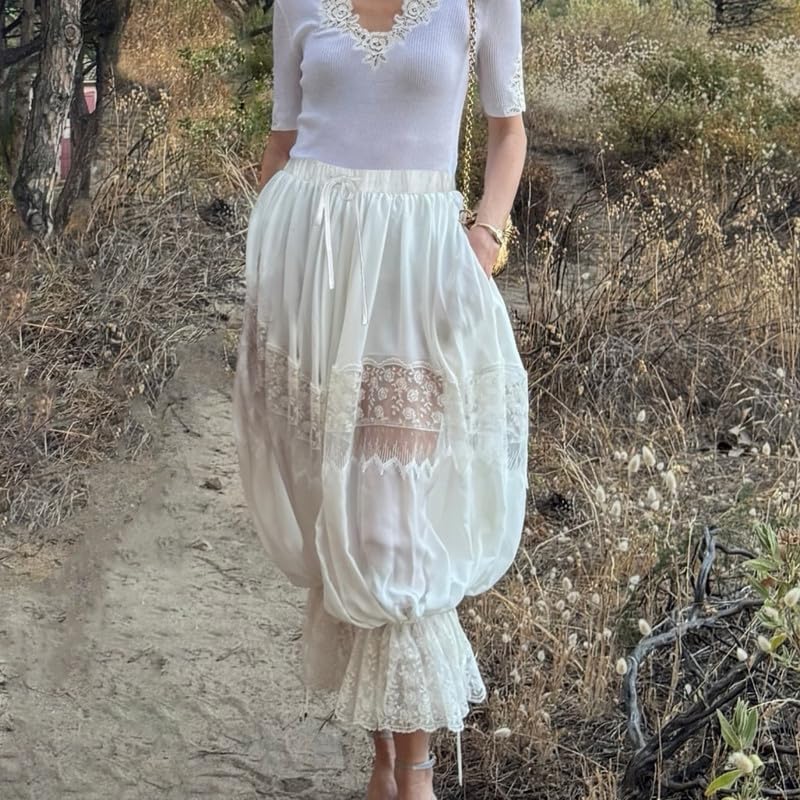 Women Lace Trim Long Bloomers Y2k Ruffled Pantaloons Mid Rise Elastic Wasit Pumpkin Cropped Pajama Pants Slip4