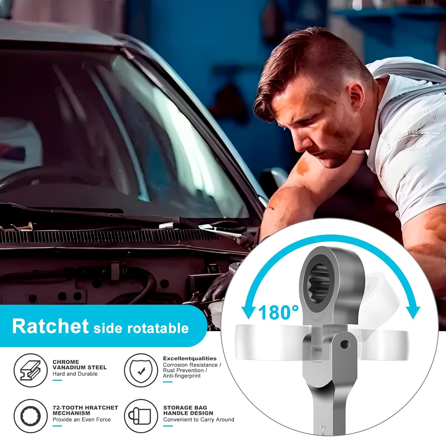 HYCHIKA flexible ratcheting wrench in use on a car engine, demonstrating 180 degree rotation