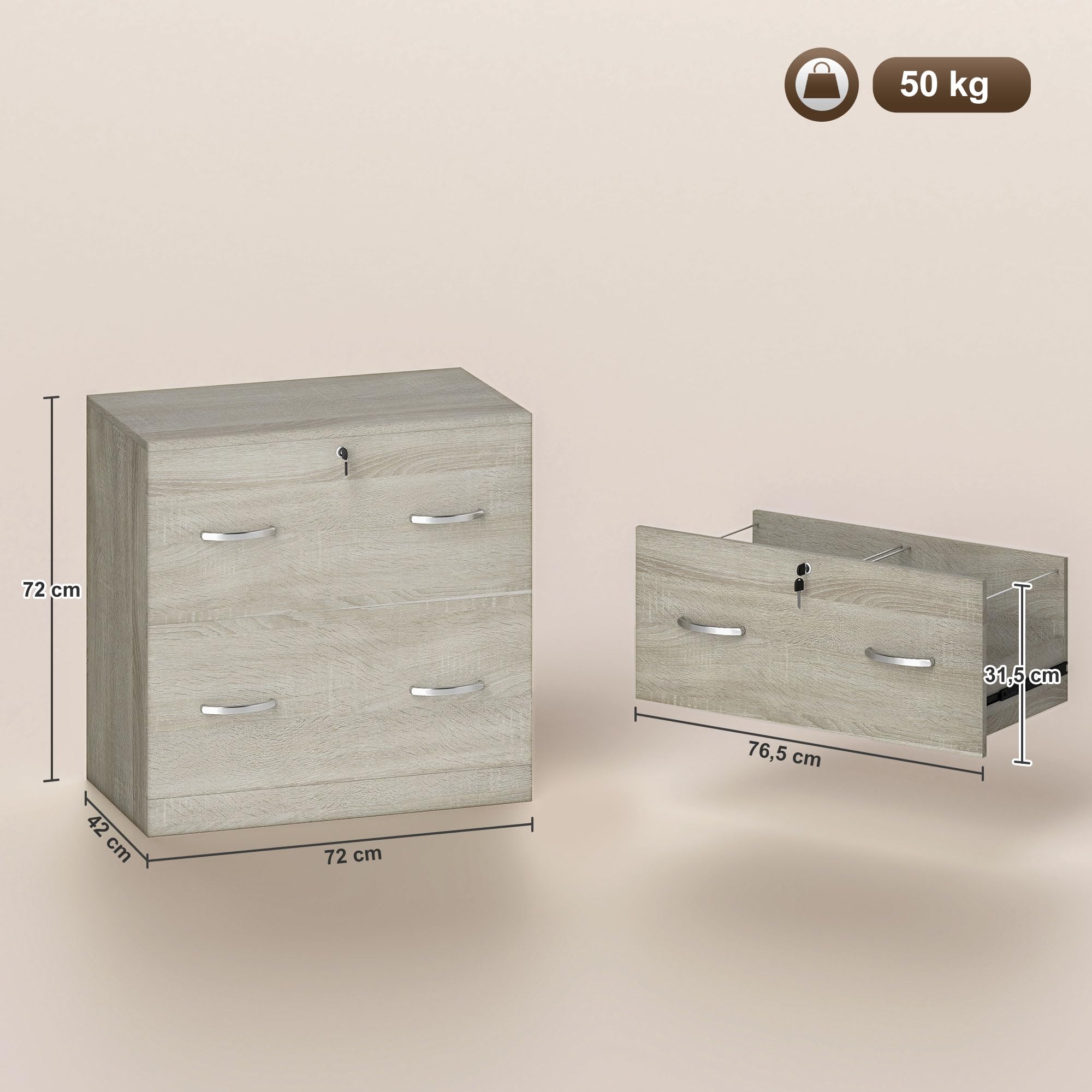 Vinsetto Commode de bureau avec 2 tiroirs avec guides pour dossiers suspendus pour serrure A4 et 2 clés pour studio salon 74 x 42 x 72 cm Naturel