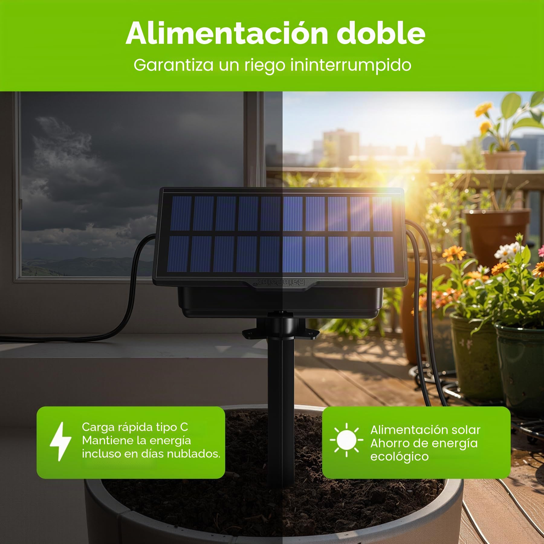 RAINPOINT Kit de Riego por Goteo WiFi Automático Solar, Nuevo Diseño de Manguera para Distribución Uniforme del Agua, Sistema de Riego por Goteo con 90 modos de temporizador, control remoto App