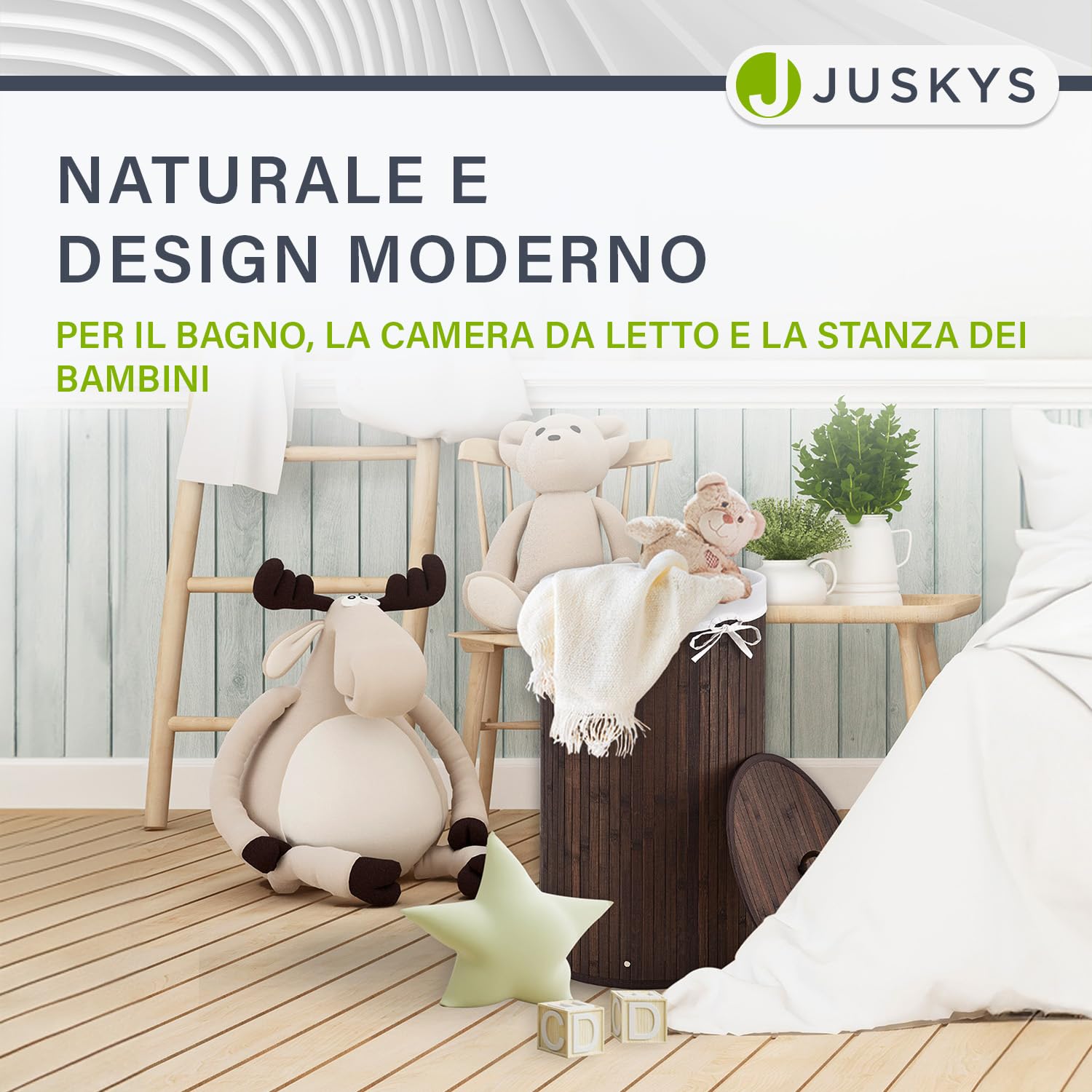 Juskys Cesto da bucato in bambù Curly-Round - capacità 55 litri - Cestino da biancheria con coperchio, maniglie di trasporto e sacca in tessuto - Cesto biancheria a 1 scomparto - marrone