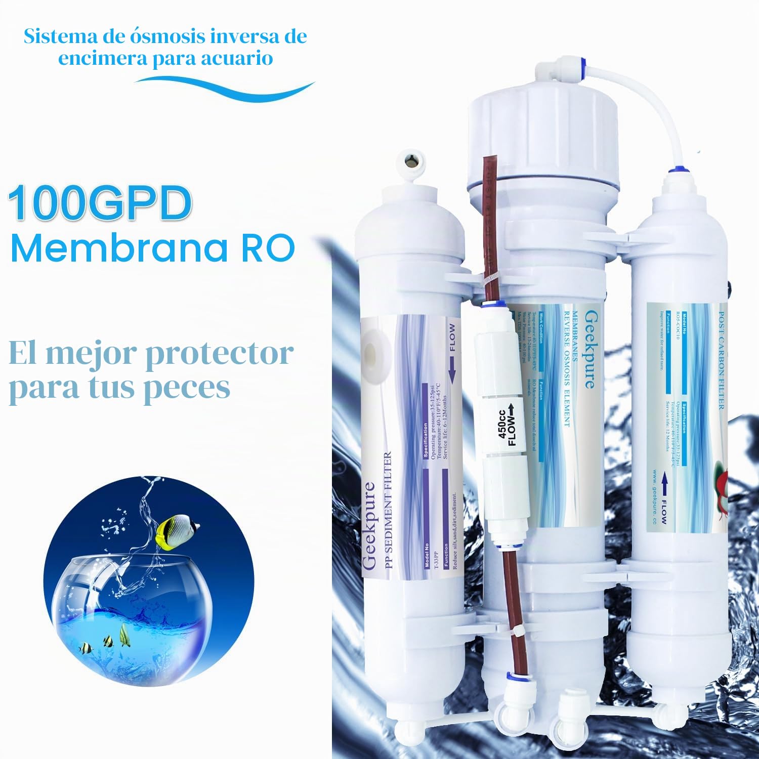 Sistema de filtro de agua de ósmosis inversa de 3 etapas para acuario-encimera -100GPD