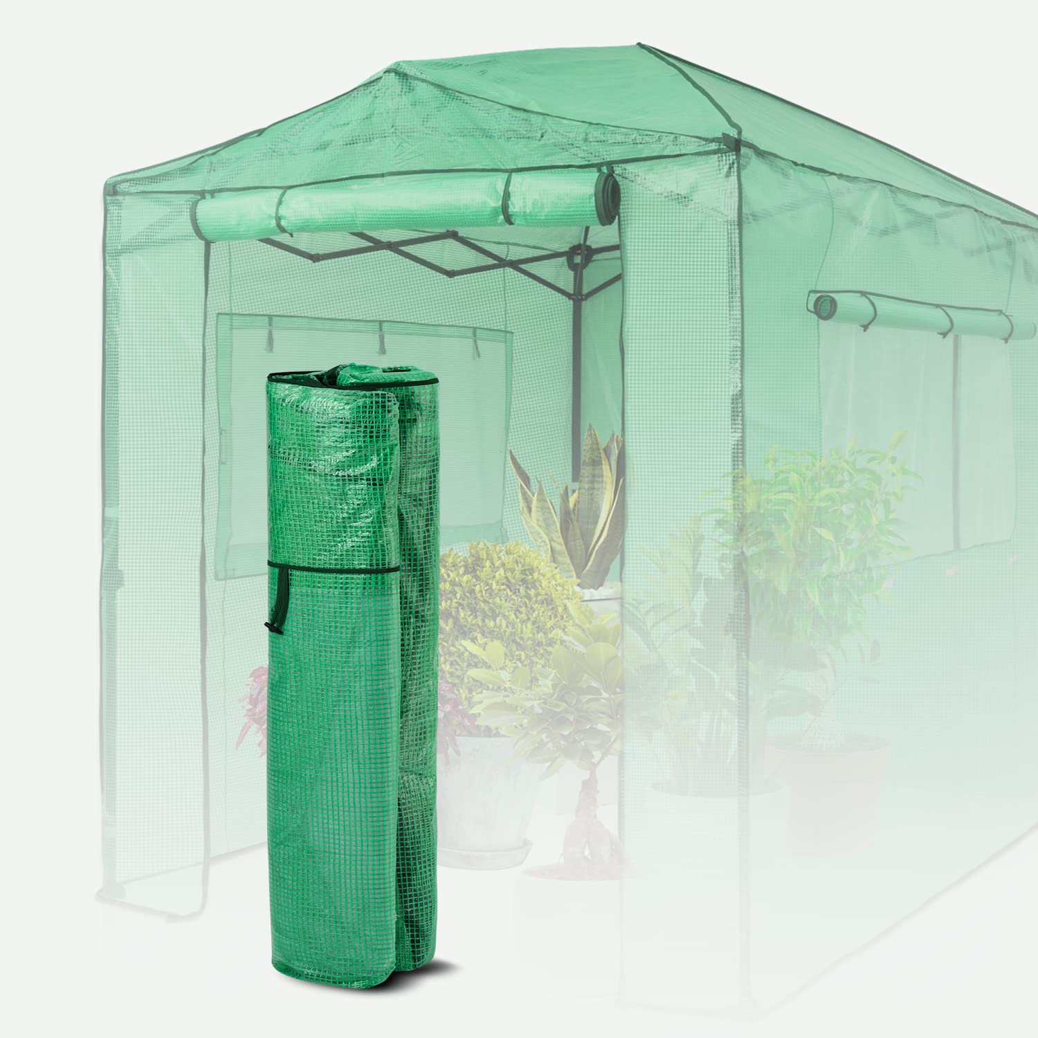 EAGLE PEAK Replacement Cover for 8x6 Portable Walk-in Pop up Greenhouse, Front and Rear Roll-Up Zipper Entry Doors and 2 Large Roll-Up Side Windows (Frame Not Included), Green