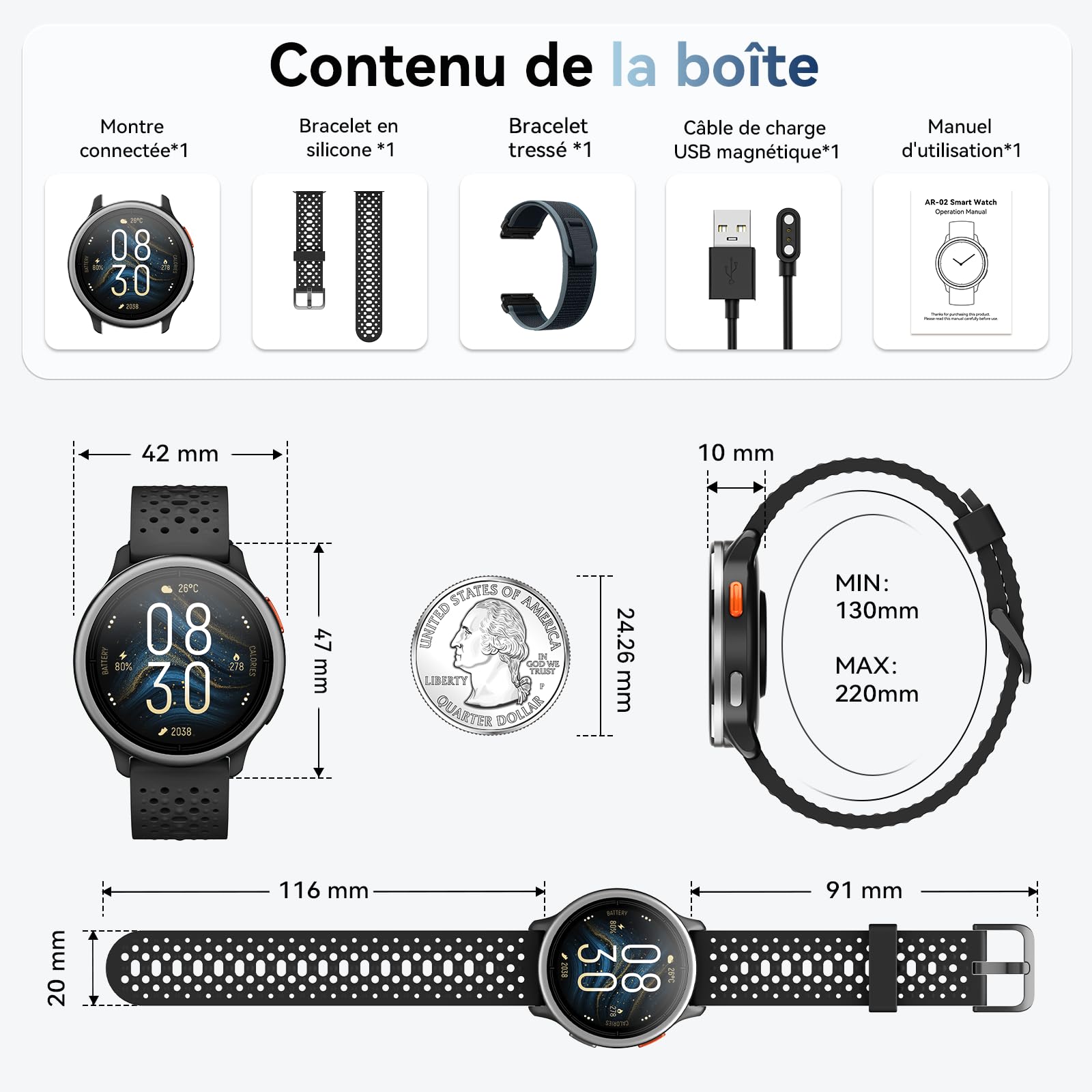 Montre Connectée Homme Femme Ronde 1.27'' Smartwatch 2 Bracelet 120+ Modes Sport 250+ Cadran Etanche 3ATM Fréquence Cardiaque/SpO2/Sommeil Podomètre Fitnes Watch pour Android Samsung iPhone Noir