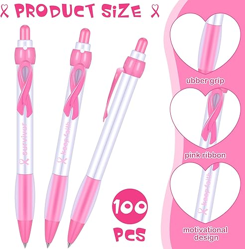 Miniatura 4 de Yeaqee 100 bolígrafos de concientización sobre el cáncer de mama, color rosa, de 0.028 in, tinta negra, con agarre de goma, artículos de