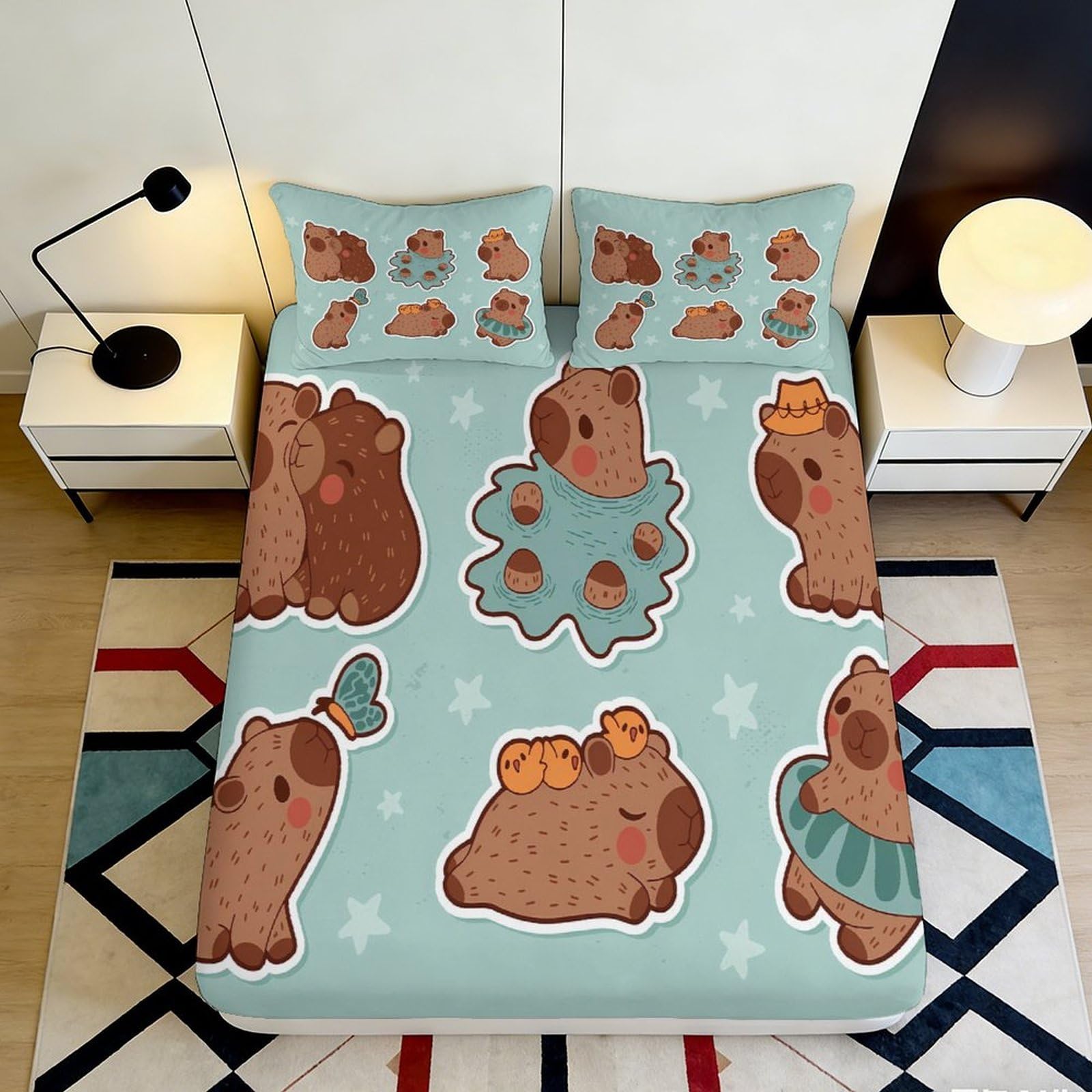 3D Printed Cute Bear Pattern Fitted Sheet Microfiber Soft Breathable Cartoon Animals Mattress Cover for Bedroom Dormitory Guest Room Mattress Protection 140x200x25cm