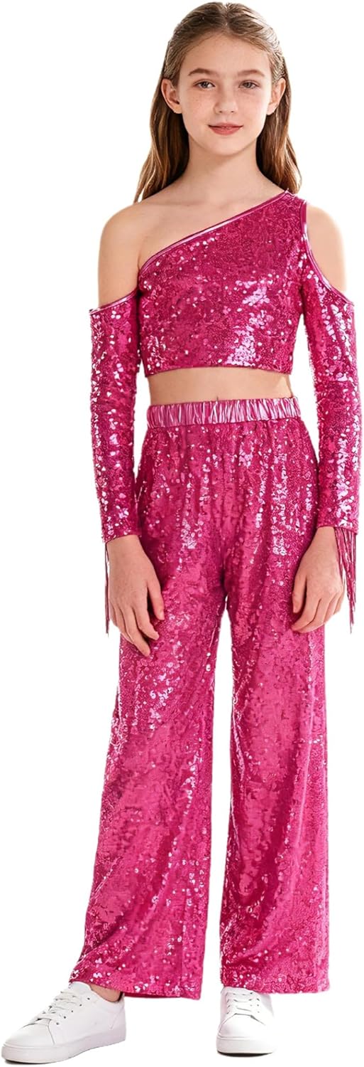 Kids Girls Sequin 2 Piece Dance Outfit Tassel Crop Top and Wide Leg Pants Hip Hop Jazz Street Dancewear Hot Pink 14 Years