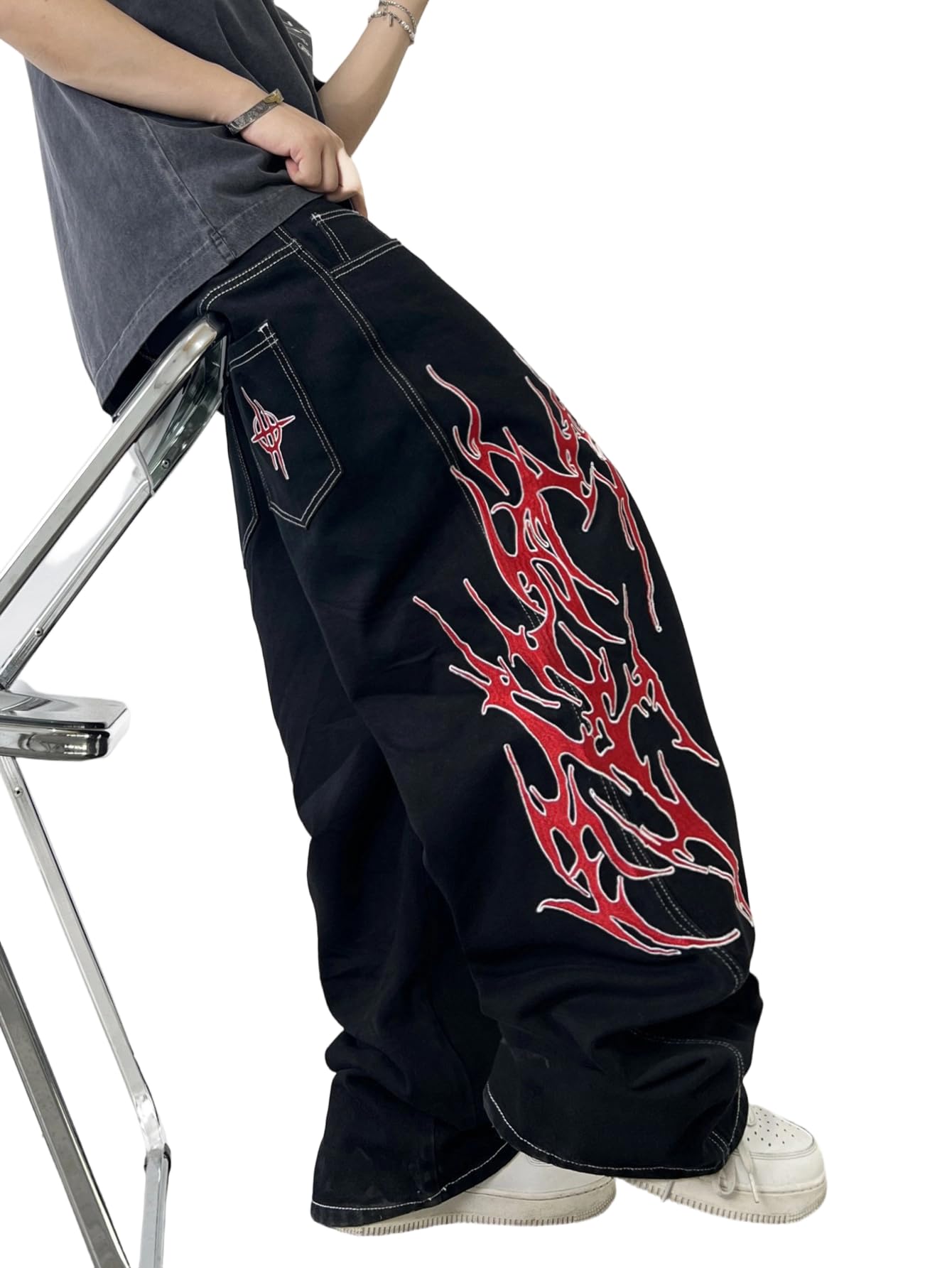 Pantalones vaqueros holgados bordados para hombre, hip hop, Y2K, pierna ancha, skater