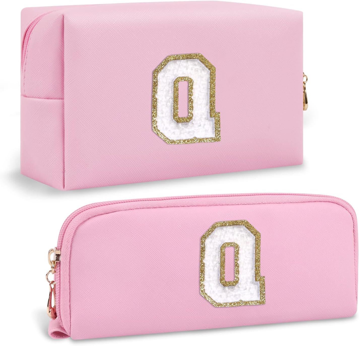 2 Pieces Personalized Initial Cosmetic Bag with Small Makeup Brush Bag, Pink Cute Preppy Cosmetic Travel Toiletry Zipper Pouch, Waterproof PU Monogram Make Up Storage Bags Gifts for Women(Letter Q)