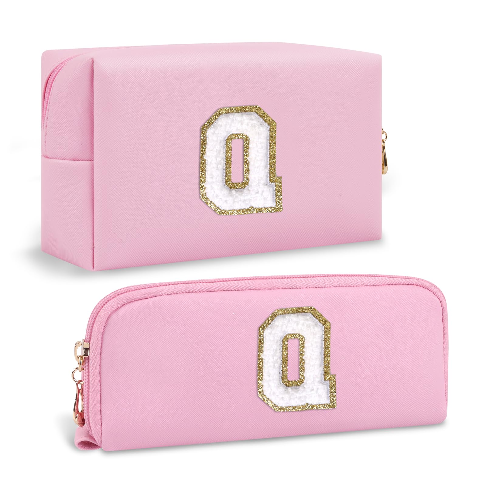 2 Pieces Personalized Initial Cosmetic Bag with Small Makeup Brush Bag, Pink Cute Preppy Cosmetic Travel Toiletry Zipper Pouch, Waterproof PU Monogram Make Up Storage Bags Gifts for Women(Letter Q)