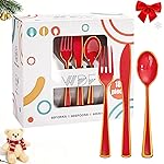 WDF 180 Pieces Red and Gold Plastic Silverware - Disposable Christmas Utensils Include 60 Forks, 60 Knives and 60 Spoons - Heavy Duty Red Plastic Cutlery - for Christmas/Party