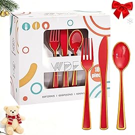 WDF 180 Pieces Red and Gold Plastic Silverware - Disposable Christmas Utensils Include 60 Forks, 60 Knives and 60 Spoons - Heavy Duty Red Plastic Cutlery - for Christmas/Party