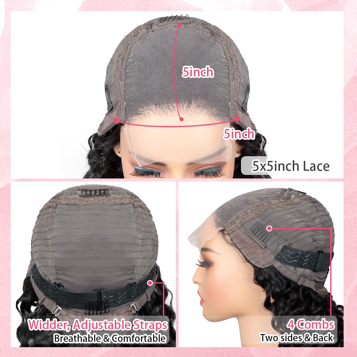 5x5 Lace Closure Wigs Human Hair Deep Wave Pre Plucked Curly HD Transparent Lace Front Wigs with Baby Hair Natural Hairline 180 Density Gluesless for Women Natural Black Color 26 Inch